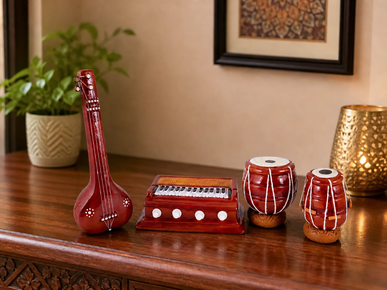 Musical Instrument Miniature Set - Handmade Terracotta Clay | Tanpura Harmonium Tabla Bayan