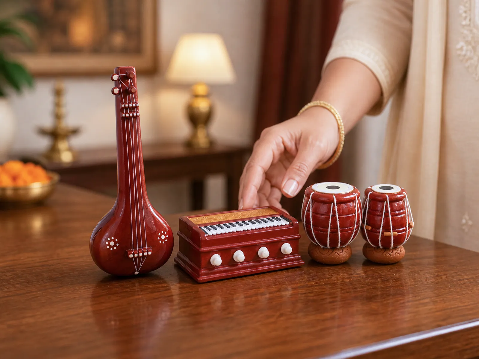 Musical Instrument Miniature Set - Handmade Terracotta Clay | Tanpura Harmonium Tabla Bayan
