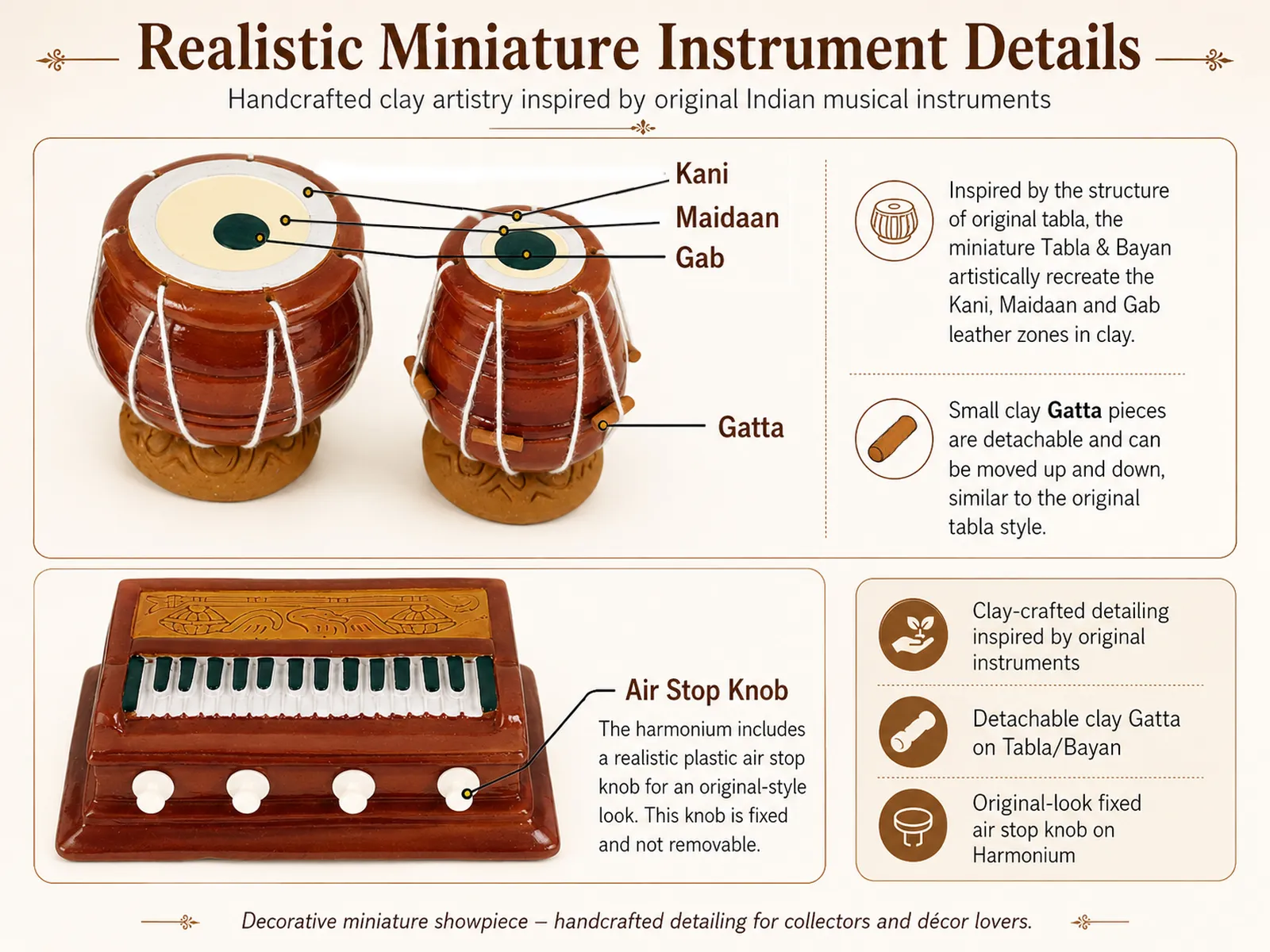 Musical Instrument Miniature Set - Handmade Terracotta Clay | Tanpura Harmonium Tabla Bayan