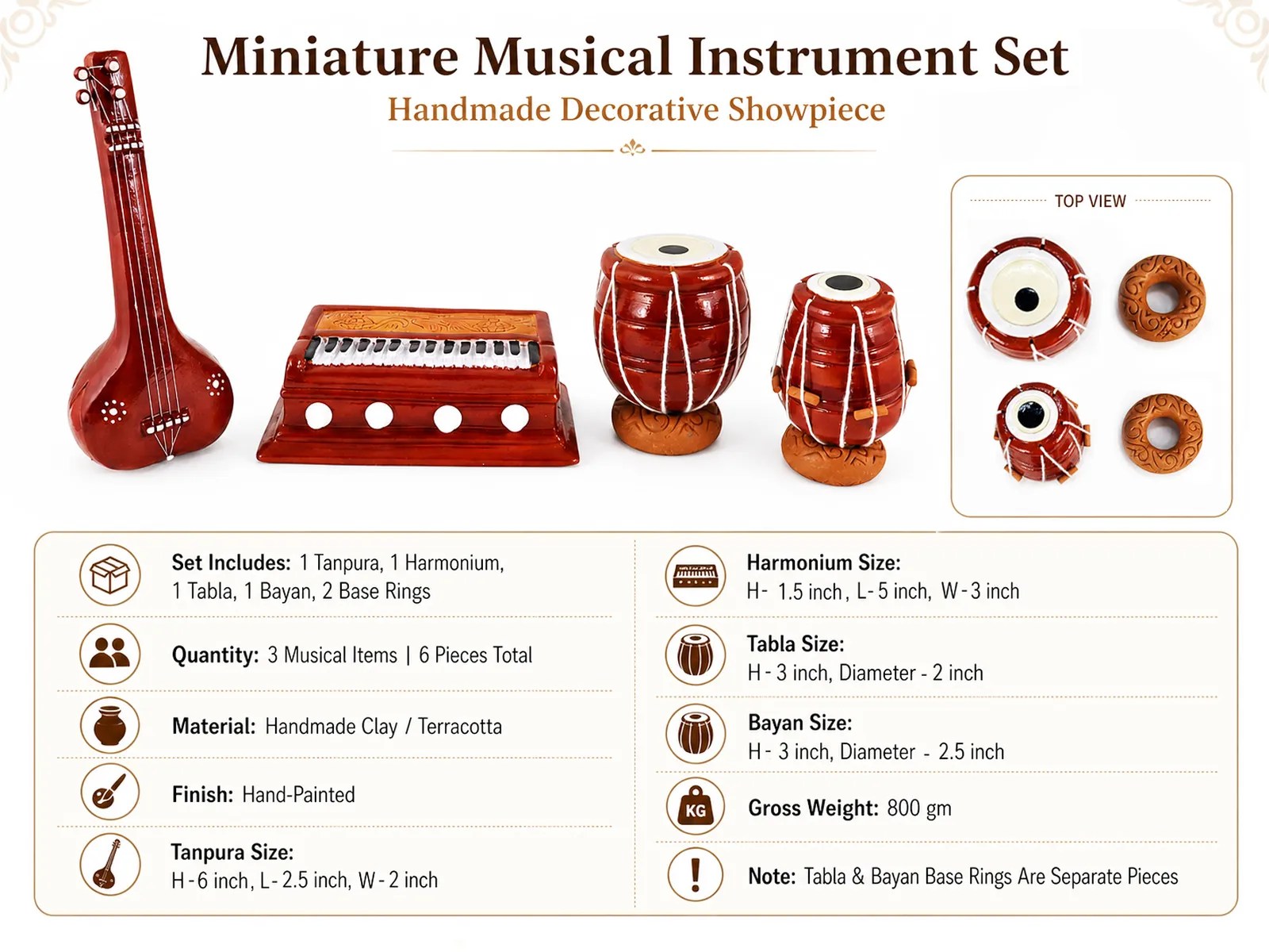 Musical Instrument Miniature Set - Handmade Terracotta Clay | Tanpura Harmonium Tabla Bayan