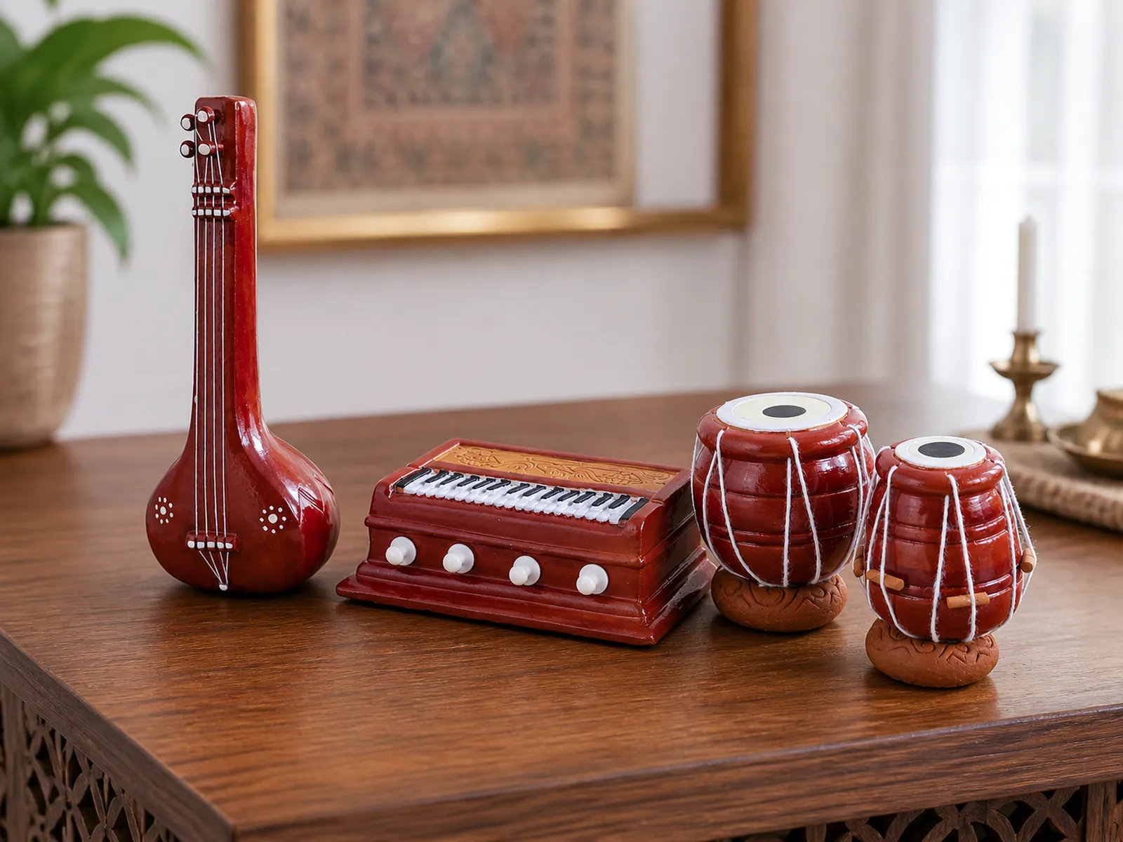 Musical Instrument Miniature Set - Handmade Terracotta Clay | Tanpura Harmonium Tabla Bayan