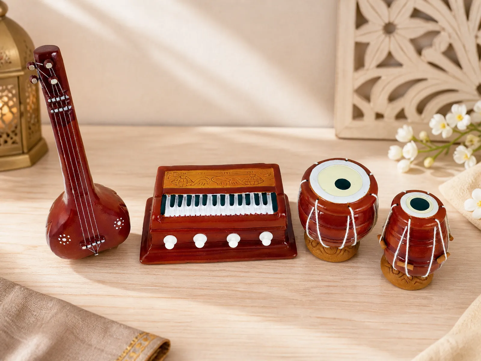 Musical Instrument Miniature Set - Handmade Terracotta Clay | Tanpura Harmonium Tabla Bayan