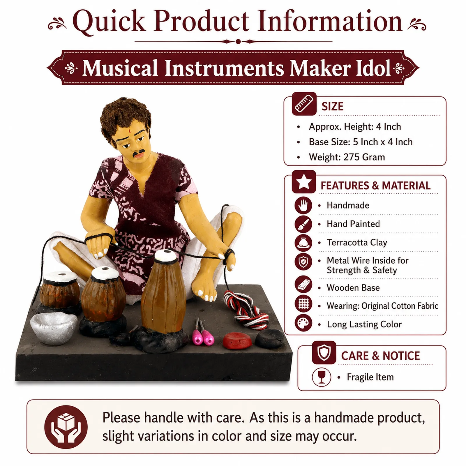 Musical Instruments Maker - Handmade Terracotta Clay Figurine | Basic Sitting Human Figure Idol
