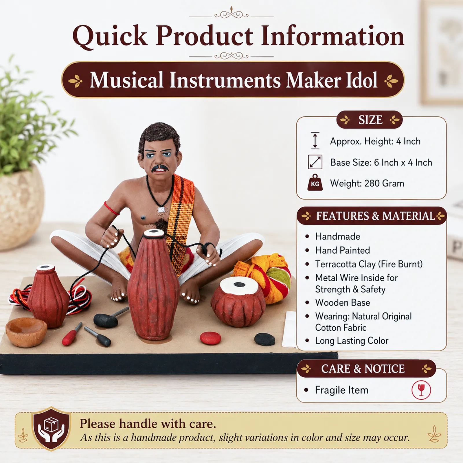 Musical Instruments Maker - Handmade Terracotta Clay Figurine | Standard Sitting Human Figure Idol