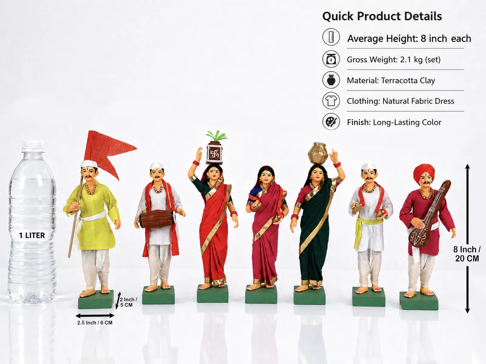 Pandharpur Warkari -Set of 7 - 8 Inch | Handmade Terracotta Clay Figurine | Standing Human Figure Idols
