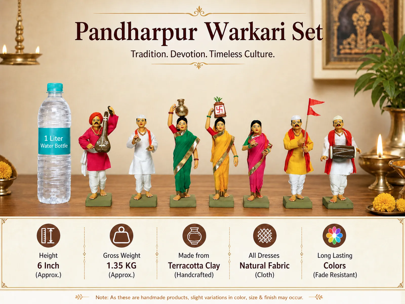 Pandharpur Warkari - Set of 7- Prime - 6 Inch | Handmade Terracotta Clay Figurine | Standing Human Figure Idols