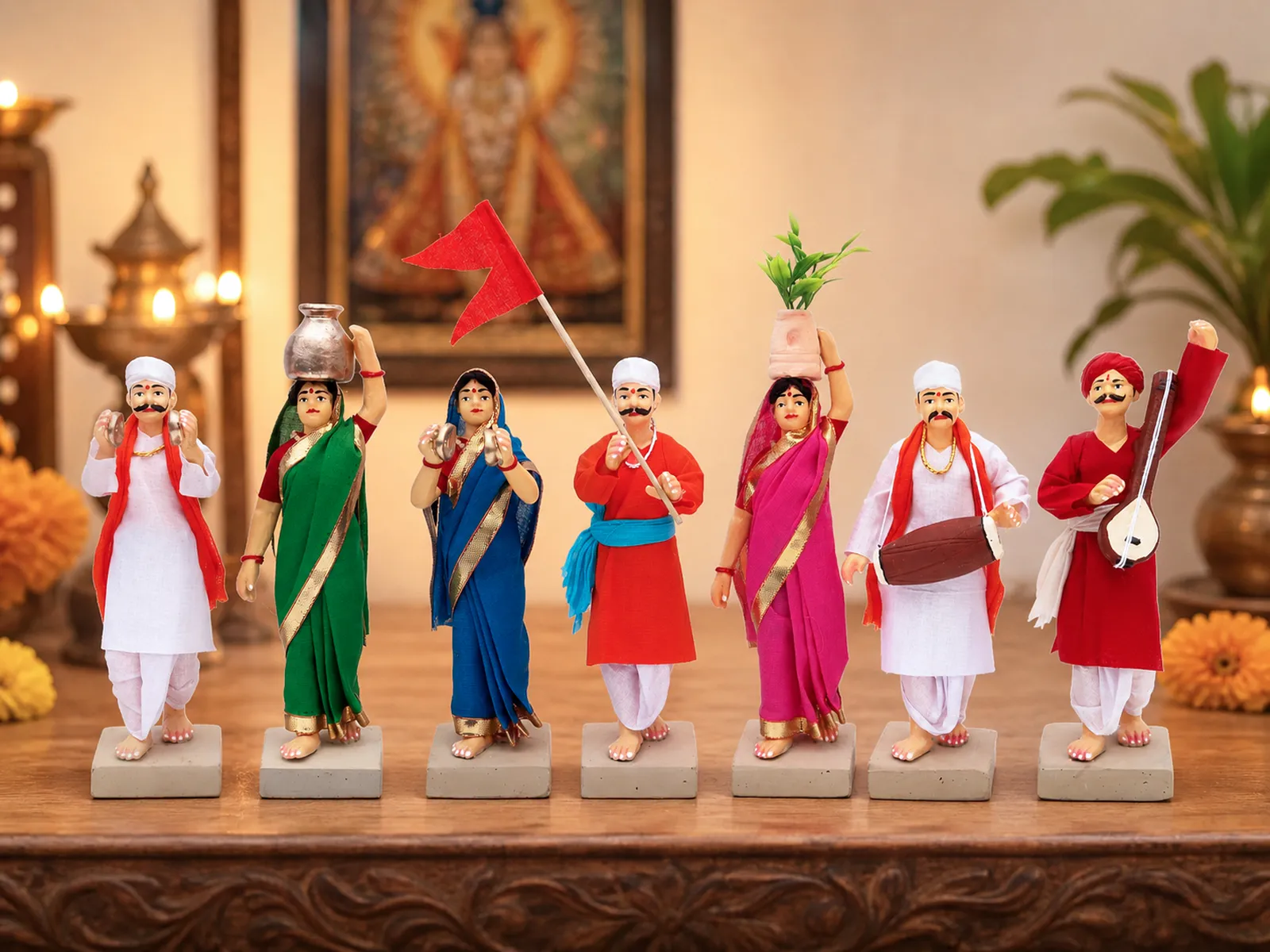 Pandharpur Warkari -Set of 7 -Standard - 6 Inch | Handmade Terracotta Clay Figurine | Standing Human Figure Idols
