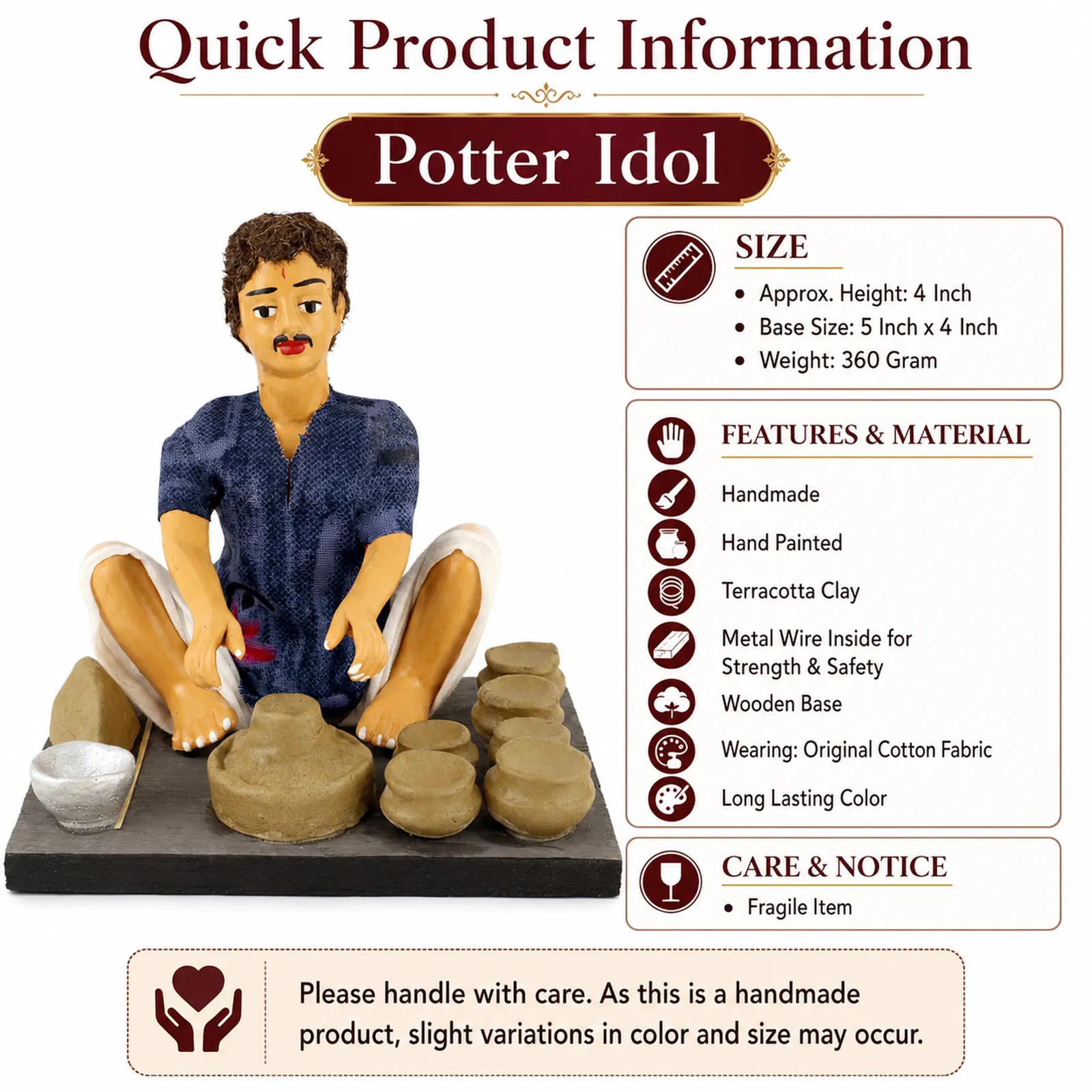 Potter - Handmade Terracotta Clay Figurine | Basic Sitting Human Figure Idol