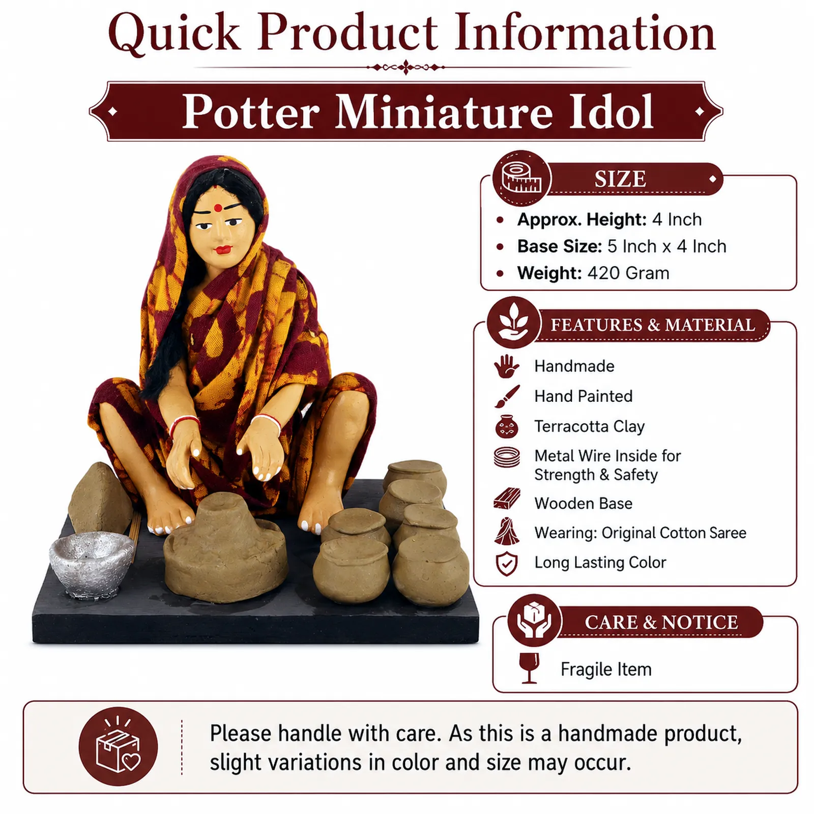 Potter- Woman - Handmade Terracotta Clay Figurine | Basic Sitting Human Figure Idol