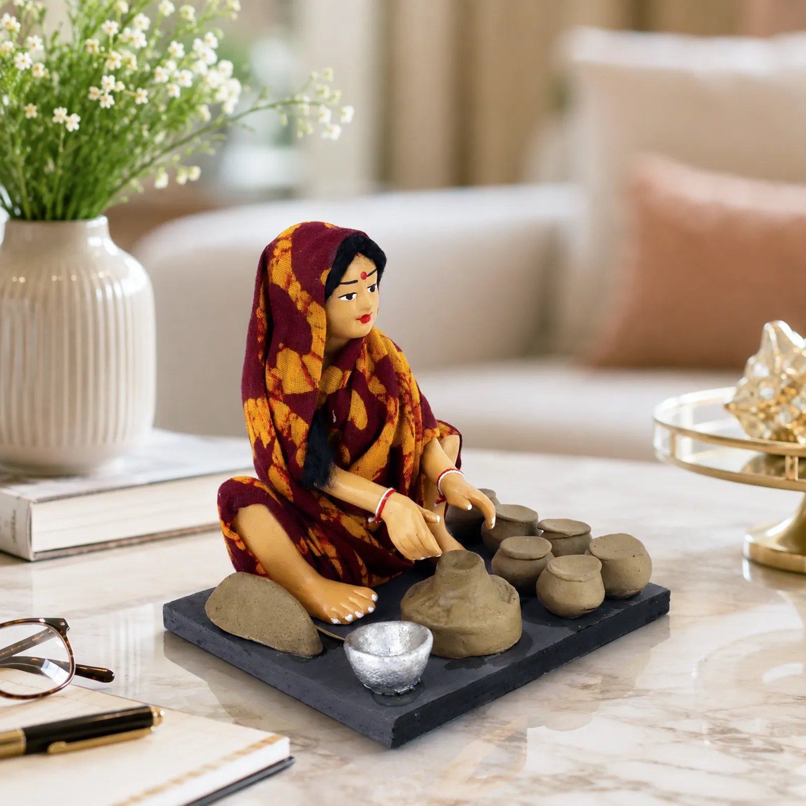 Potter- Woman - Handmade Terracotta Clay Figurine | Basic Sitting Human Figure Idol