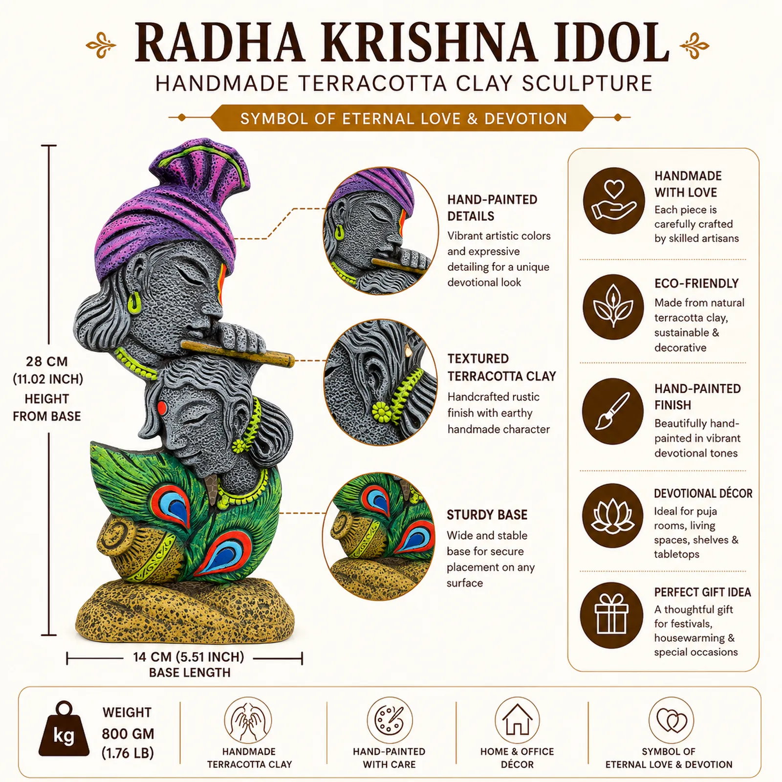 Radha Krishna Idol - Symbol of Eternal Love & Devotion | Handmade Terracotta Clay Figurine | Abstract Terracotta Showpieces