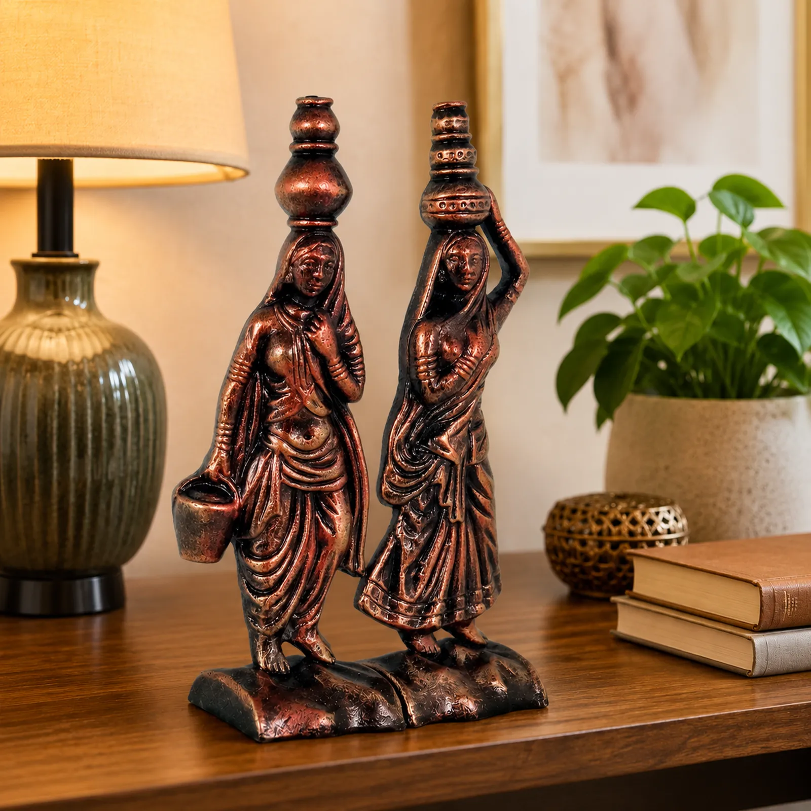 Rajasthani Women - Metallic Bronze | Handmade Terracotta Clay Figurine | Abstract Terracotta Showpieces