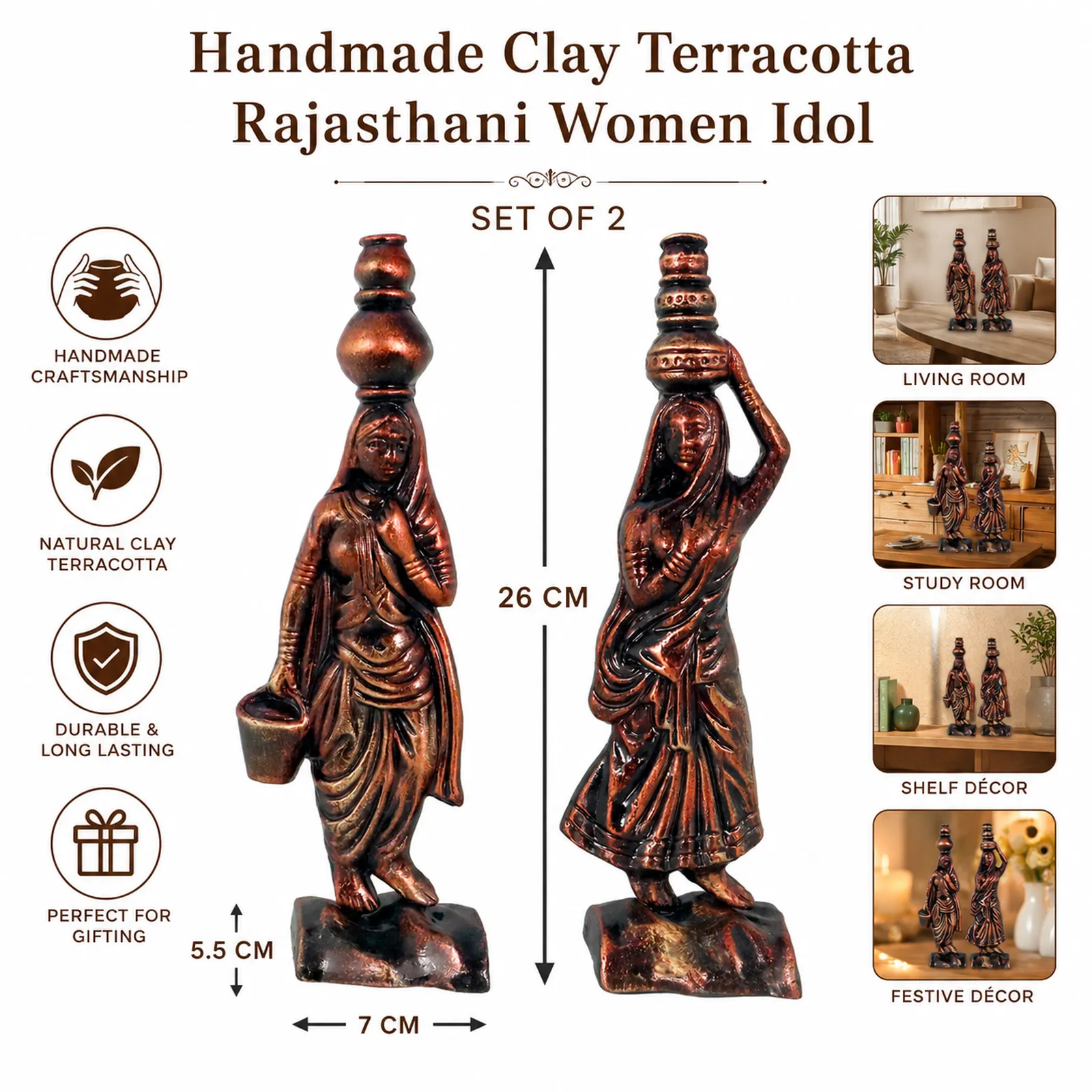 Rajasthani Women - Metallic Bronze | Handmade Terracotta Clay Figurine | Abstract Terracotta Showpieces