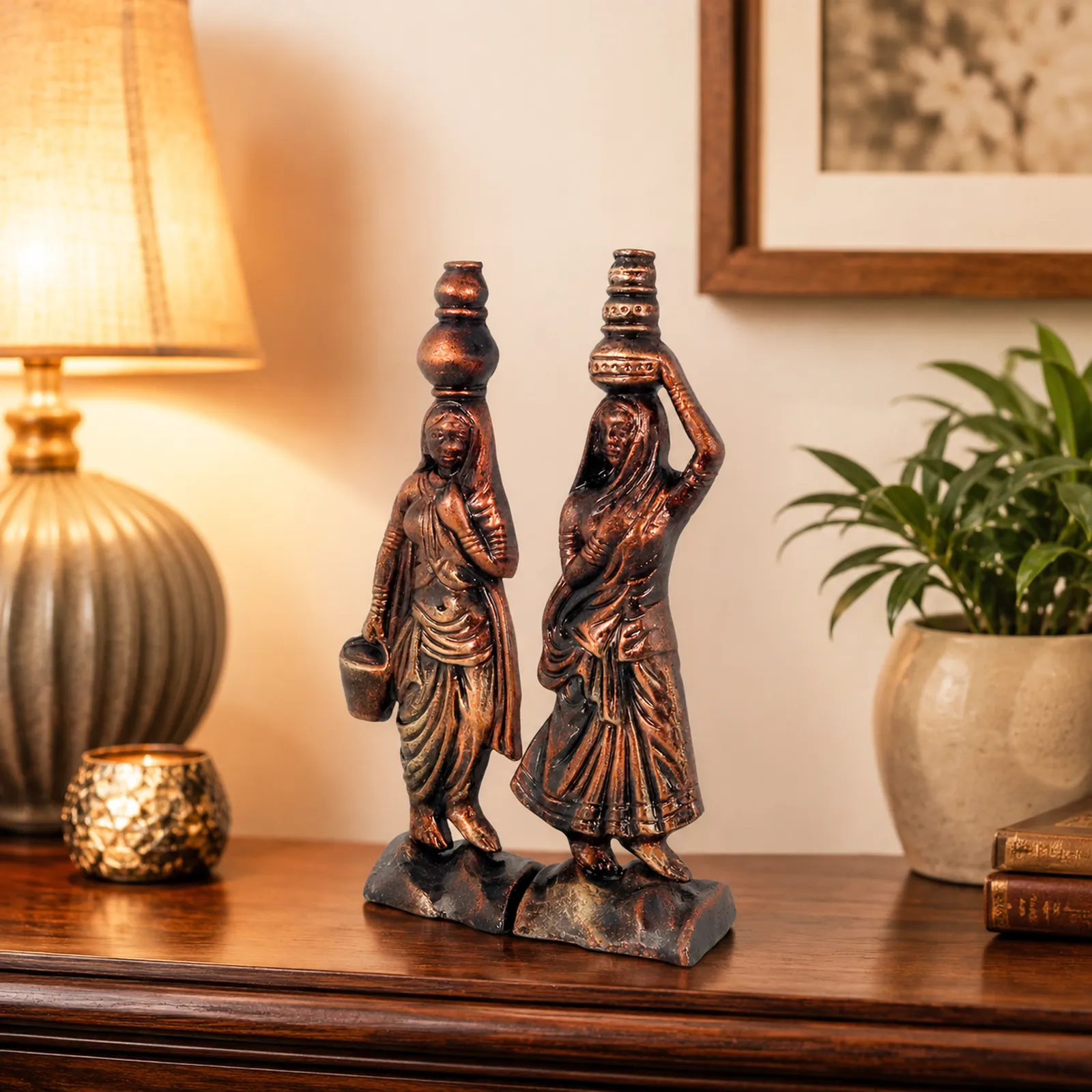 Rajasthani Women - Metallic Bronze | Handmade Terracotta Clay Figurine | Abstract Terracotta Showpieces