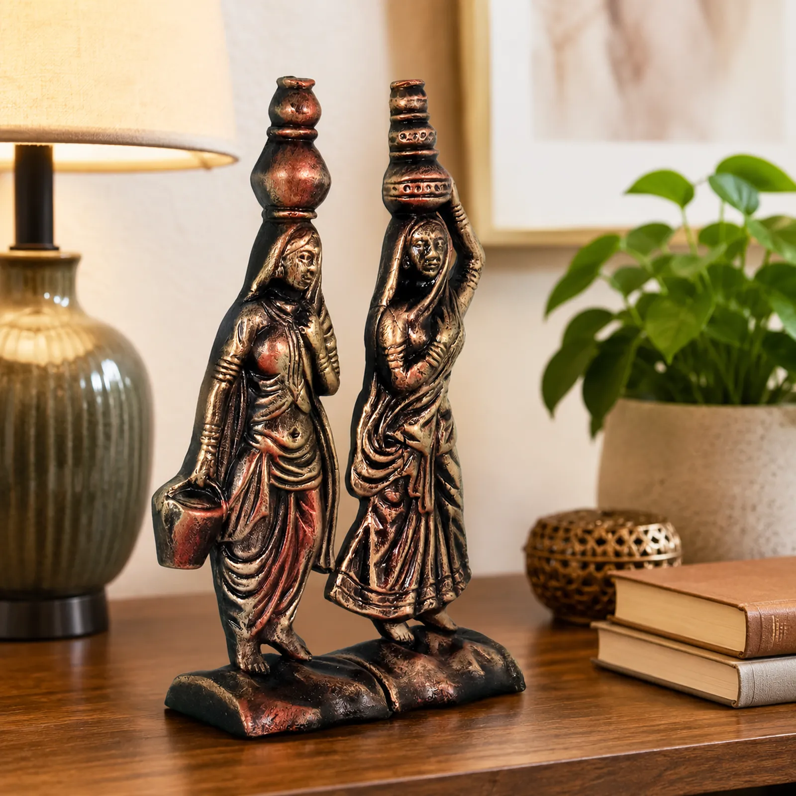 Rajasthani Women - Metallic Golden | Handmade Terracotta Clay Figurine | Abstract Terracotta Showpieces