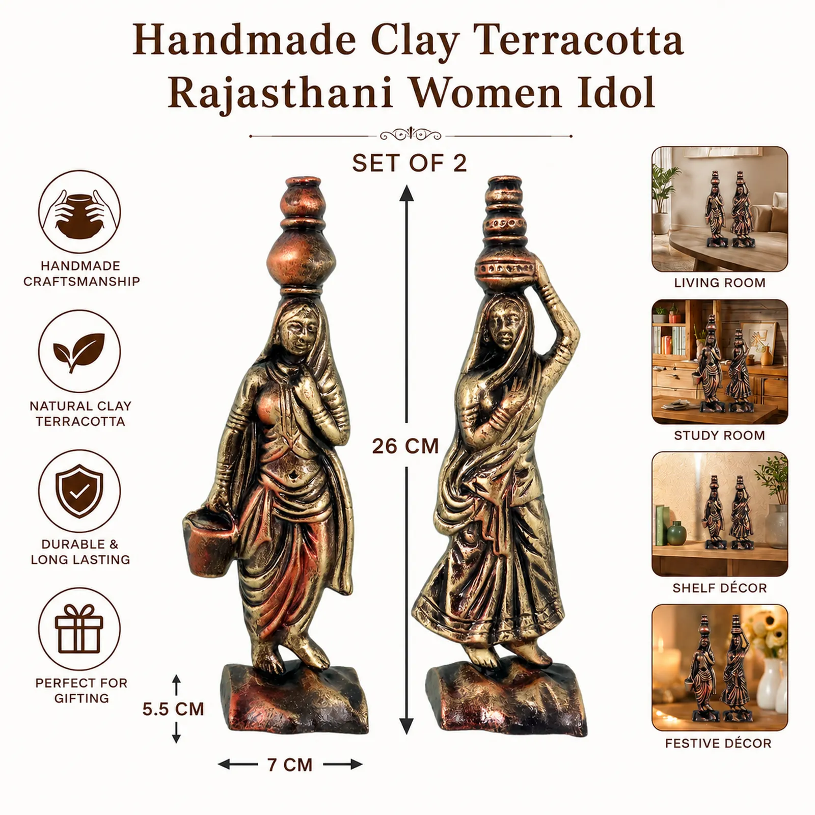 Rajasthani Women - Metallic Golden | Handmade Terracotta Clay Figurine | Abstract Terracotta Showpieces