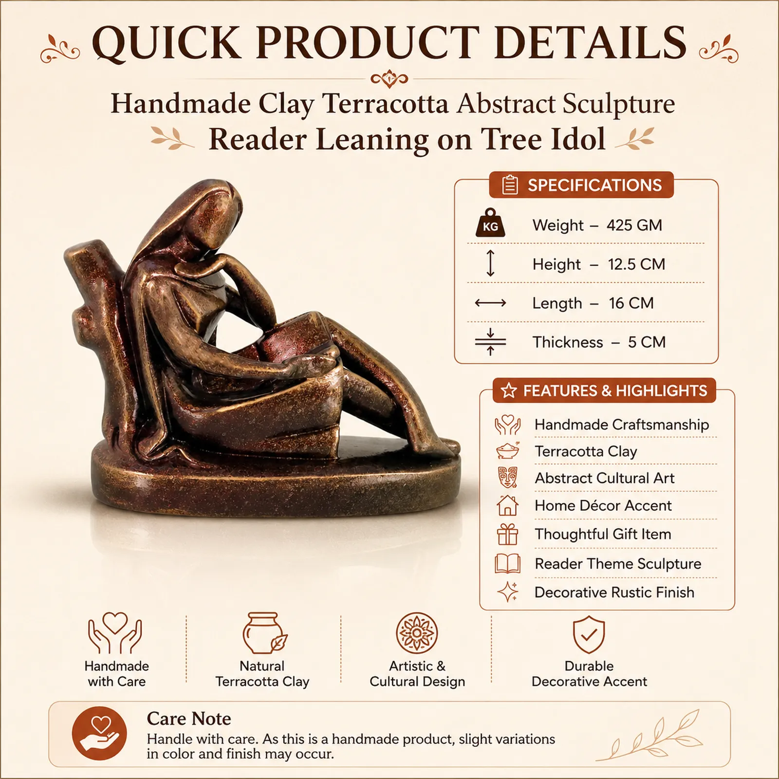 Reader Leaning on Tree | Handmade Terracotta Clay Figurine | Abstract Terracotta Showpieces