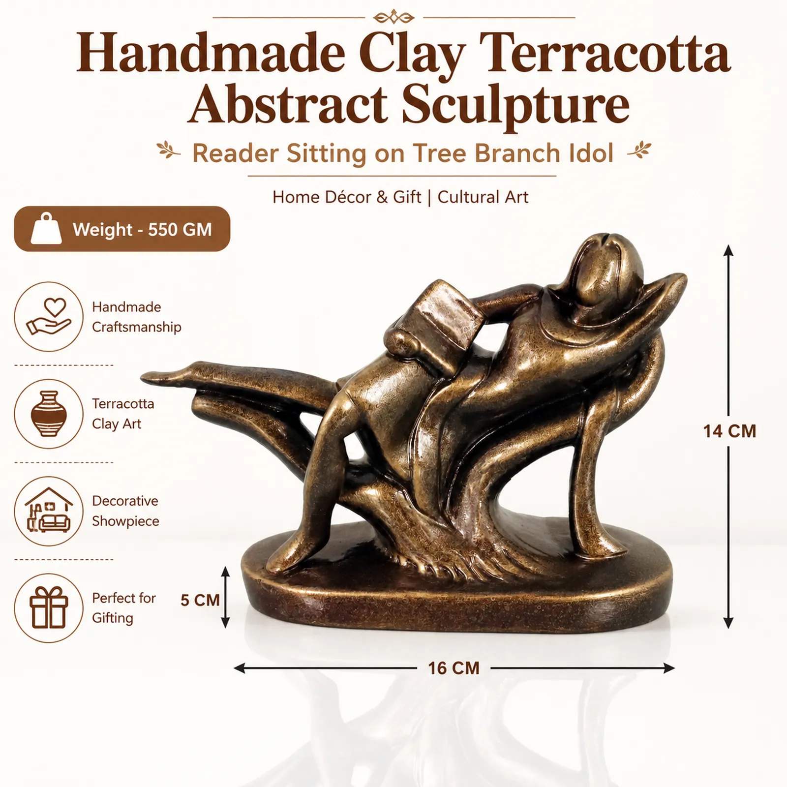 Reader Sitting Human Figure Idols on Tree Branch | Handmade Terracotta Clay Figurine | Abstract Terracotta Showpieces