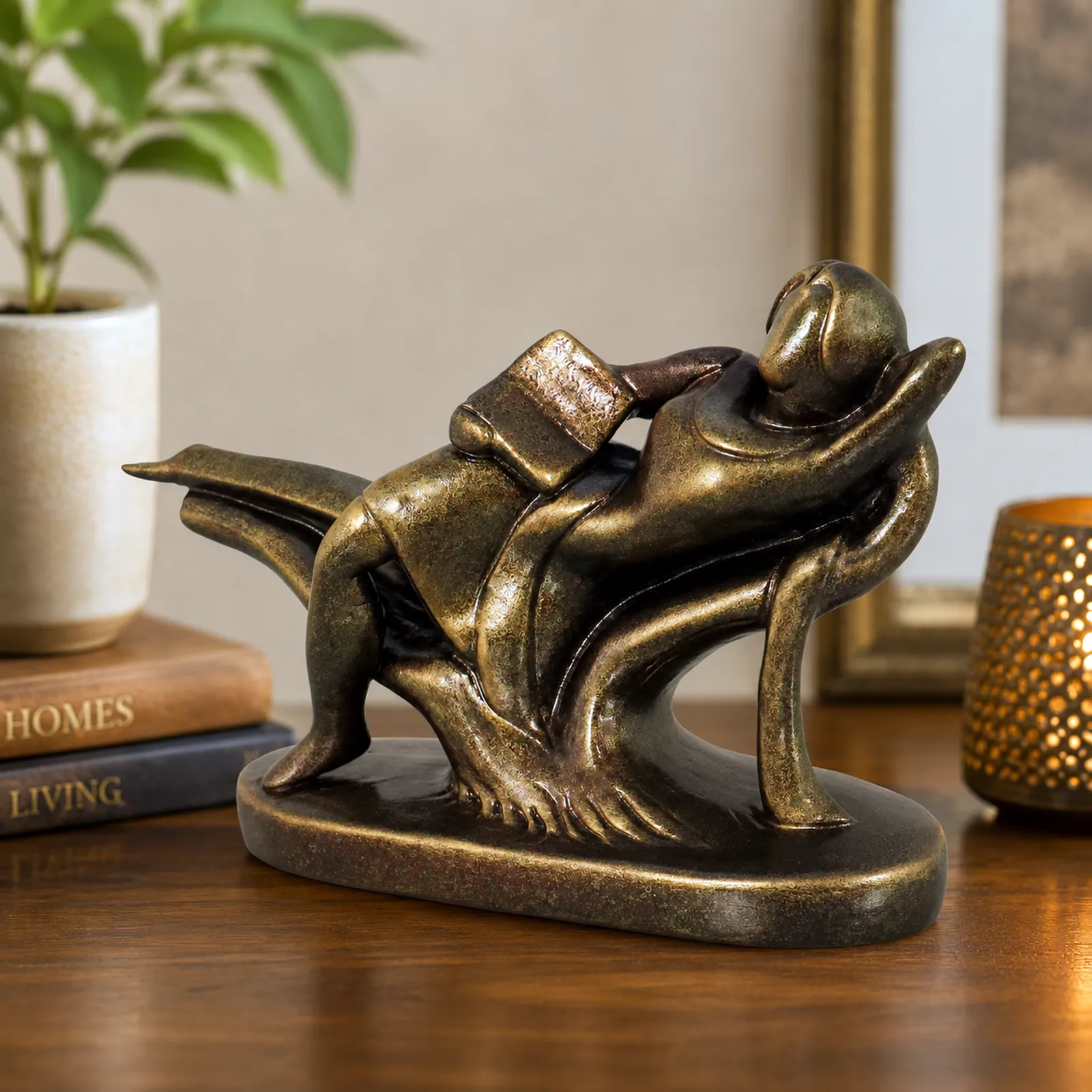 Reader Sitting Human Figure Idols on Tree Branch | Handmade Terracotta Clay Figurine | Abstract Terracotta Showpieces