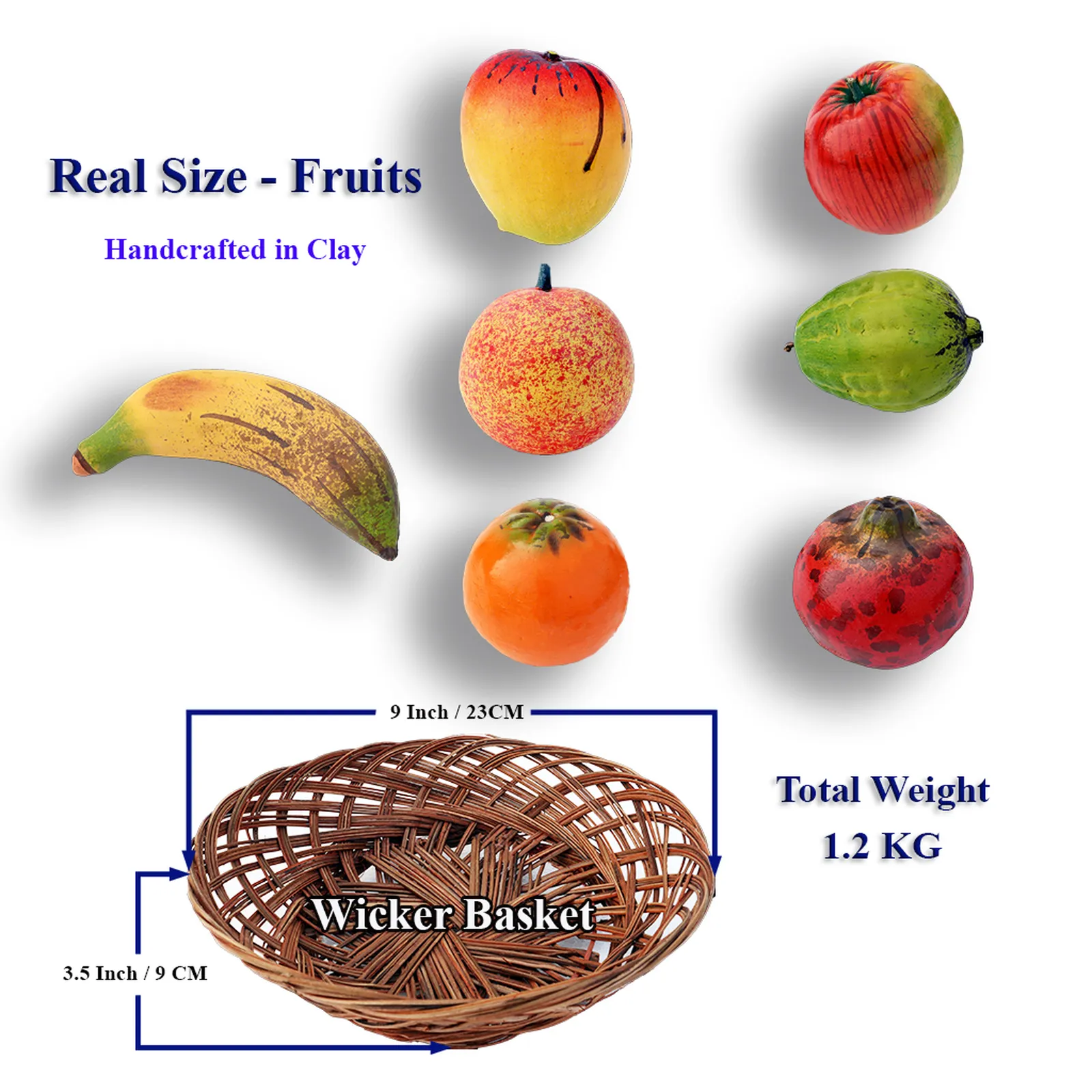 Real-Size Terracotta Fruit (Set of 7 + 1 Basket) - Handmade Clay Showpiece & Photography Prop