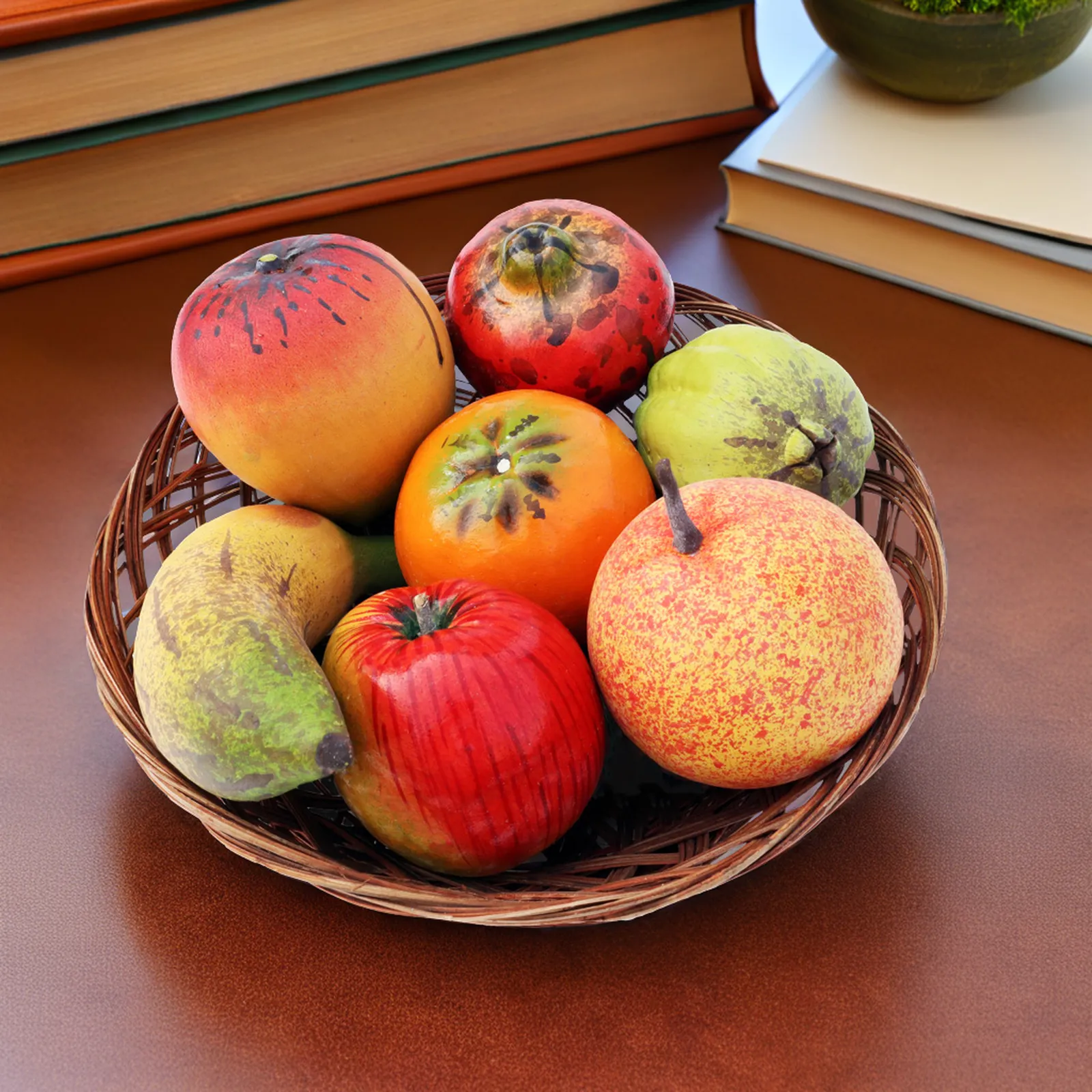 Real-Size Terracotta Fruit (Set of 7 + 1 Basket) - Handmade Clay Showpiece & Photography Prop
