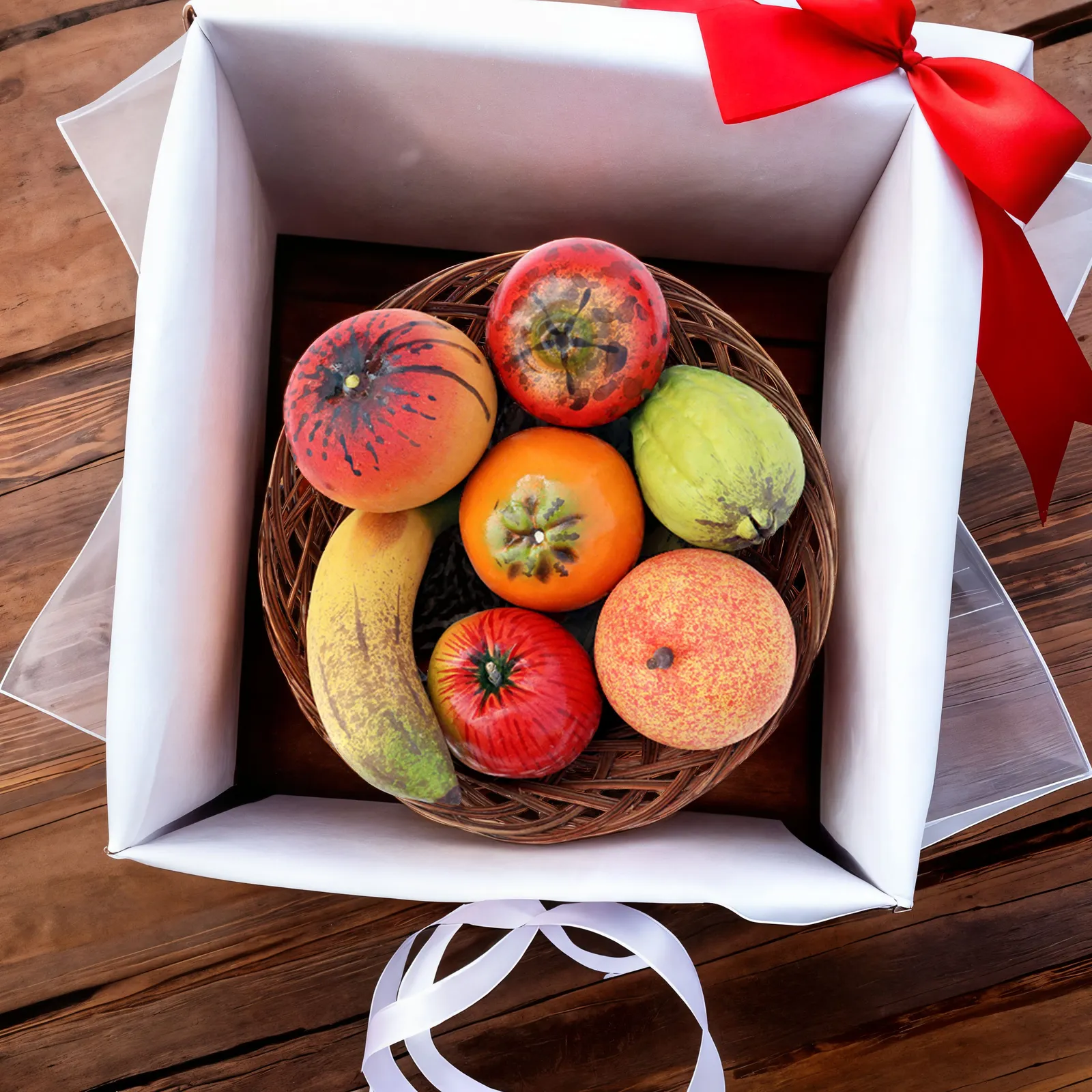 Real-Size Terracotta Fruit (Set of 7 + 1 Basket) - Handmade Clay Showpiece & Photography Prop