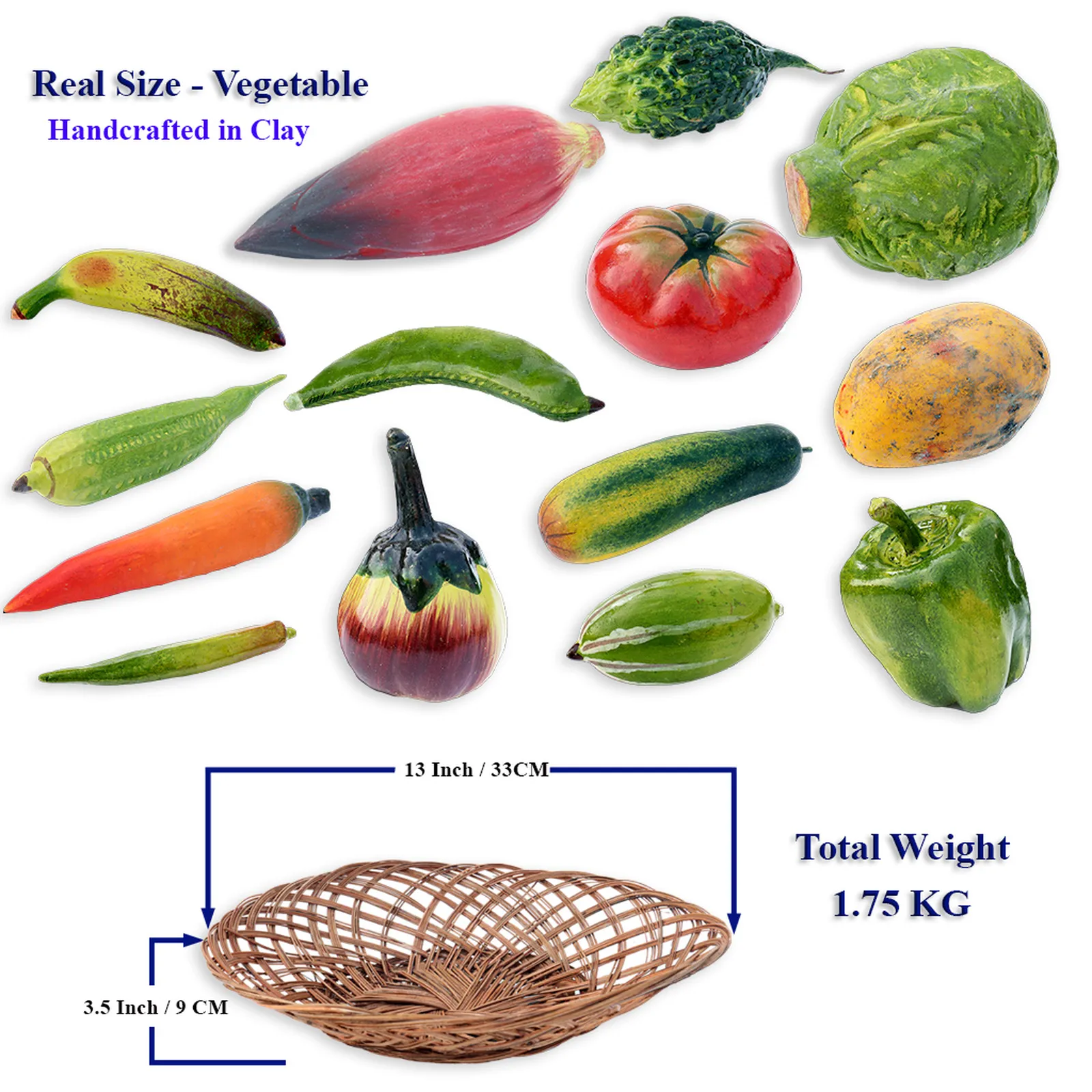 Real-Size Terracotta Vegetable (Set of 14 + 1 Basket) - Handmade Clay Showpiece & Photography Prop