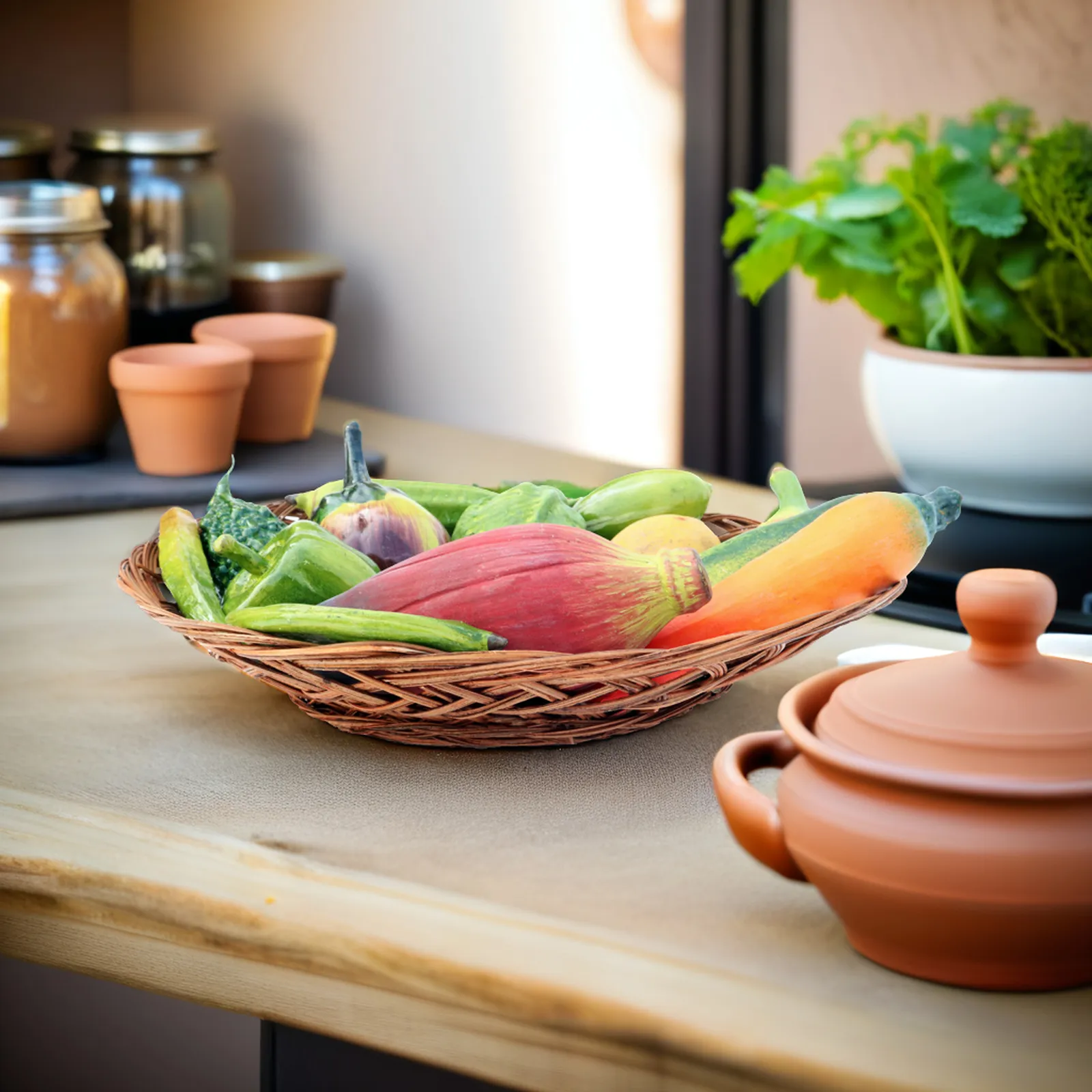 Real-Size Terracotta Vegetable (Set of 14 + 1 Basket) - Handmade Clay Showpiece & Photography Prop