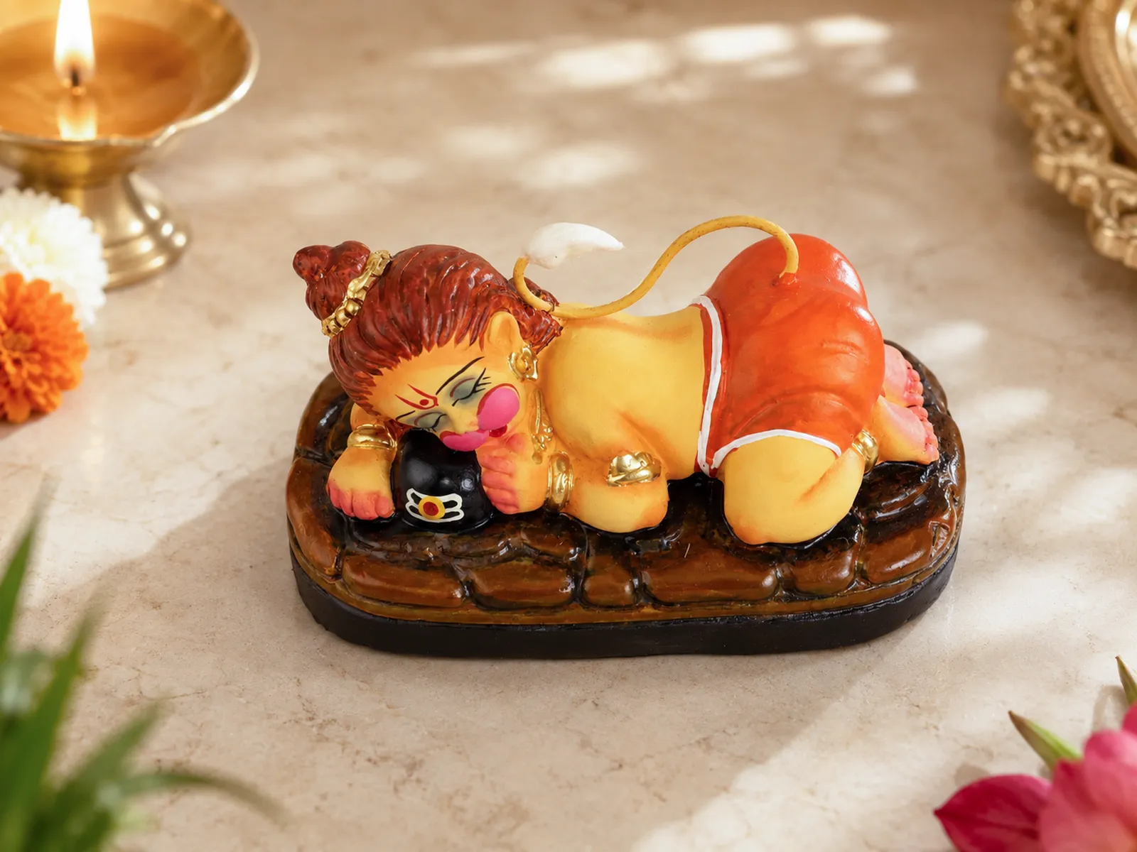 Sleeping Bal Hanuman - Hugging Shivling Clay Terracotta Idol | Spiritual and Cultural Art