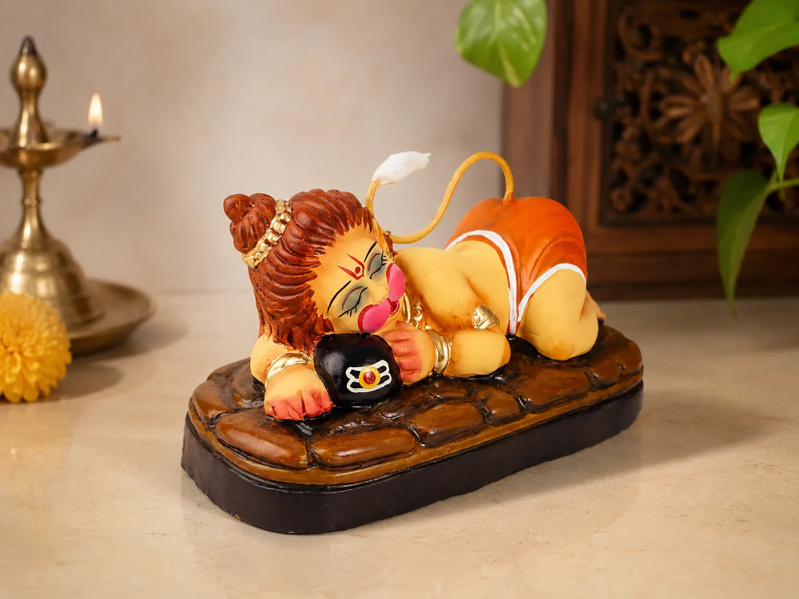 Sleeping Bal Hanuman - Hugging Shivling Clay Terracotta Idol | Spiritual and Cultural Art
