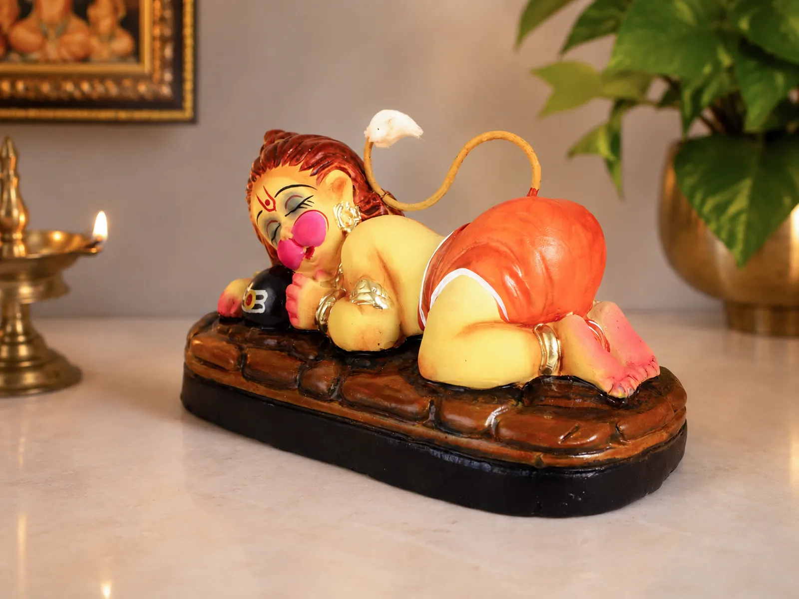 Sleeping Bal Hanuman - Hugging Shivling Clay Terracotta Idol | Spiritual and Cultural Art