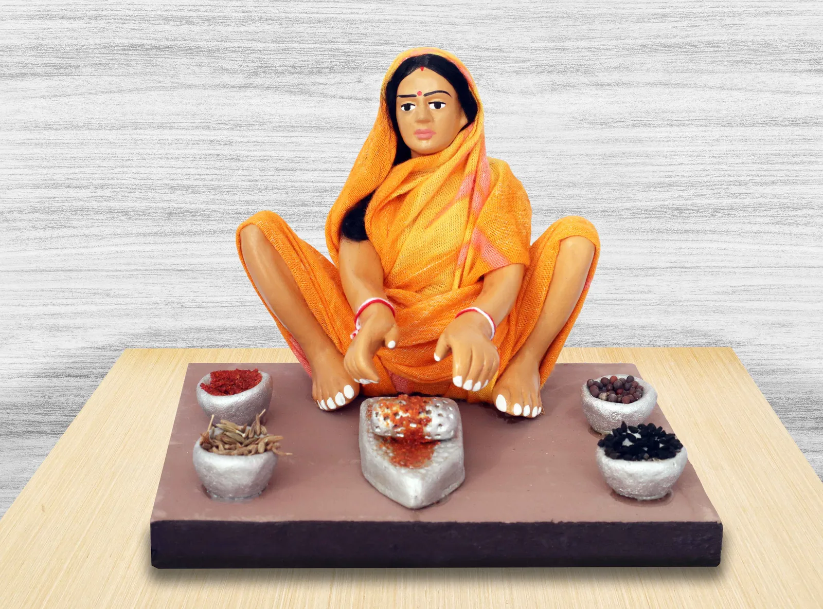 Spice-Grinding Woman - Handmade Terracotta Clay Figurine | Basic Sitting Human Figure Idol