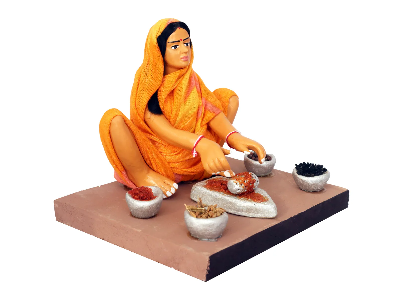 Spice-Grinding Woman - Handmade Terracotta Clay Figurine | Basic Sitting Human Figure Idol