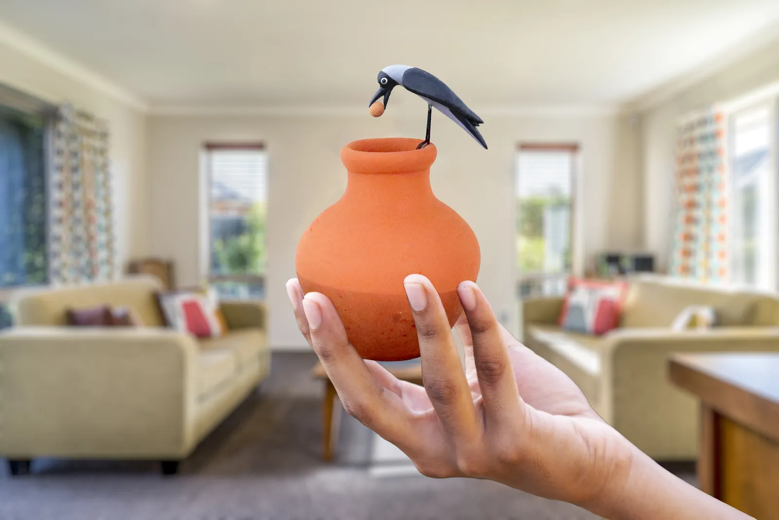 Thirsty Clever Crow |Handmade Terracotta Miniature Figurine | Clay Pot Story Showpiece