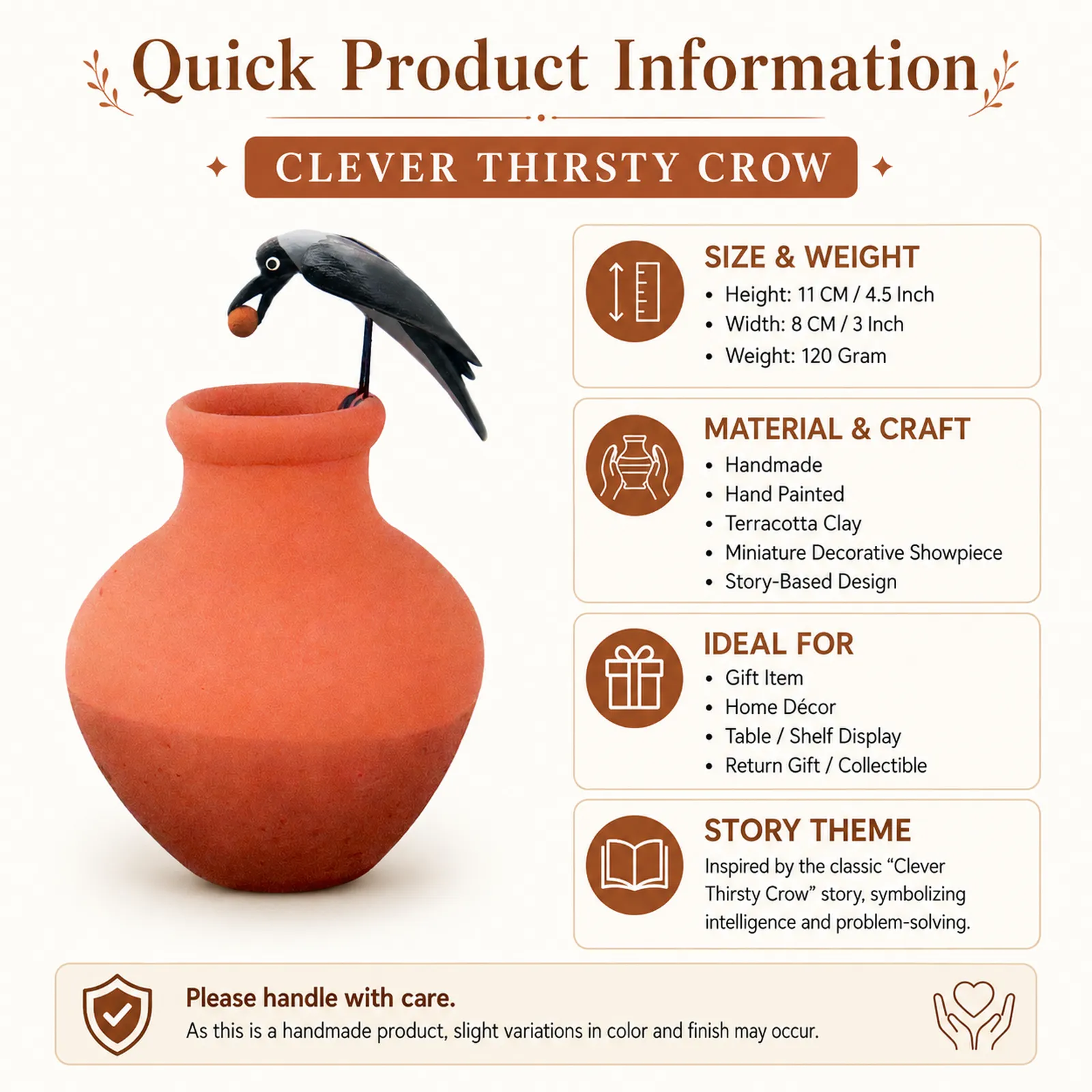 Thirsty Clever Crow |Handmade Terracotta Miniature Figurine | Clay Pot Story Showpiece