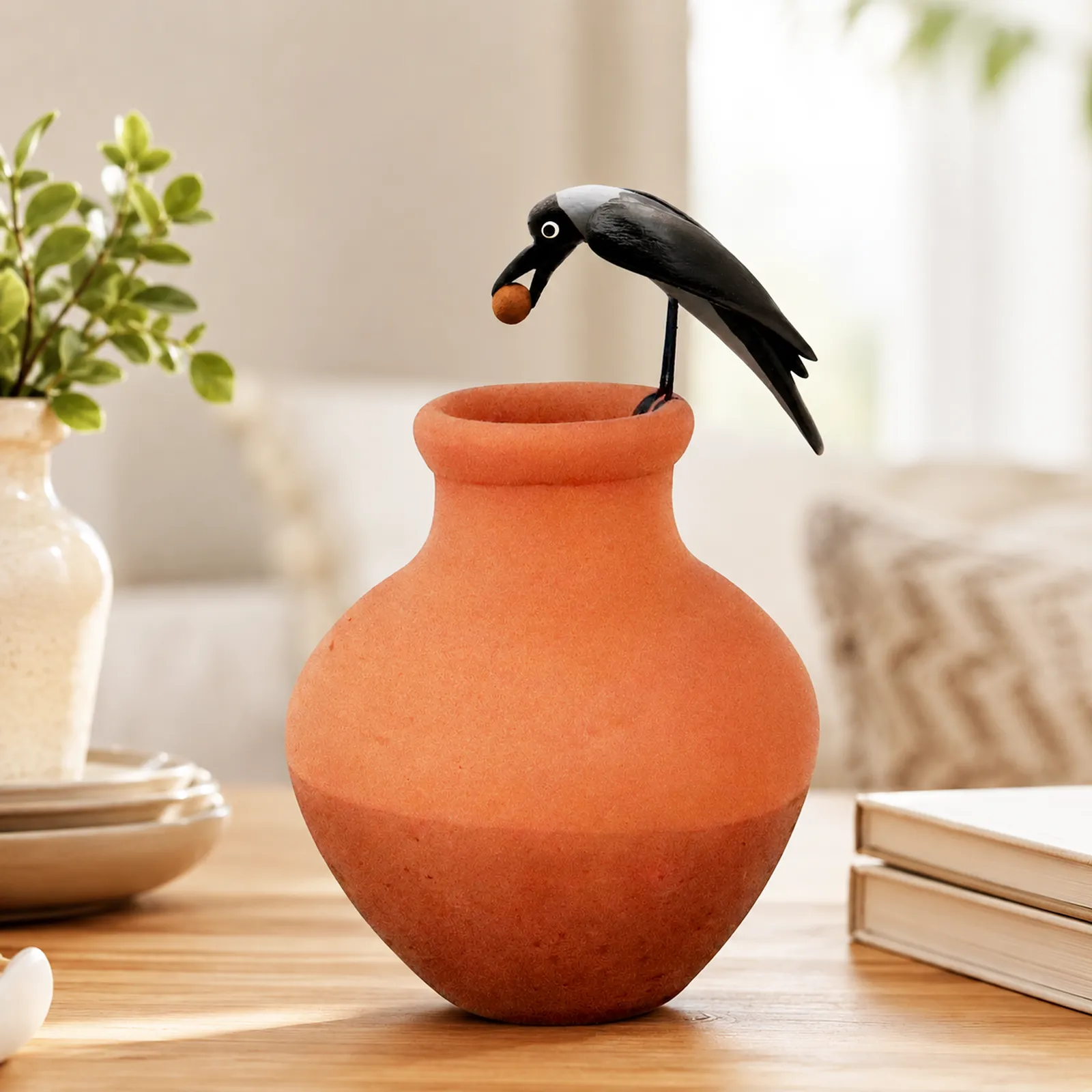 Thirsty Clever Crow |Handmade Terracotta Miniature Figurine | Clay Pot Story Showpiece