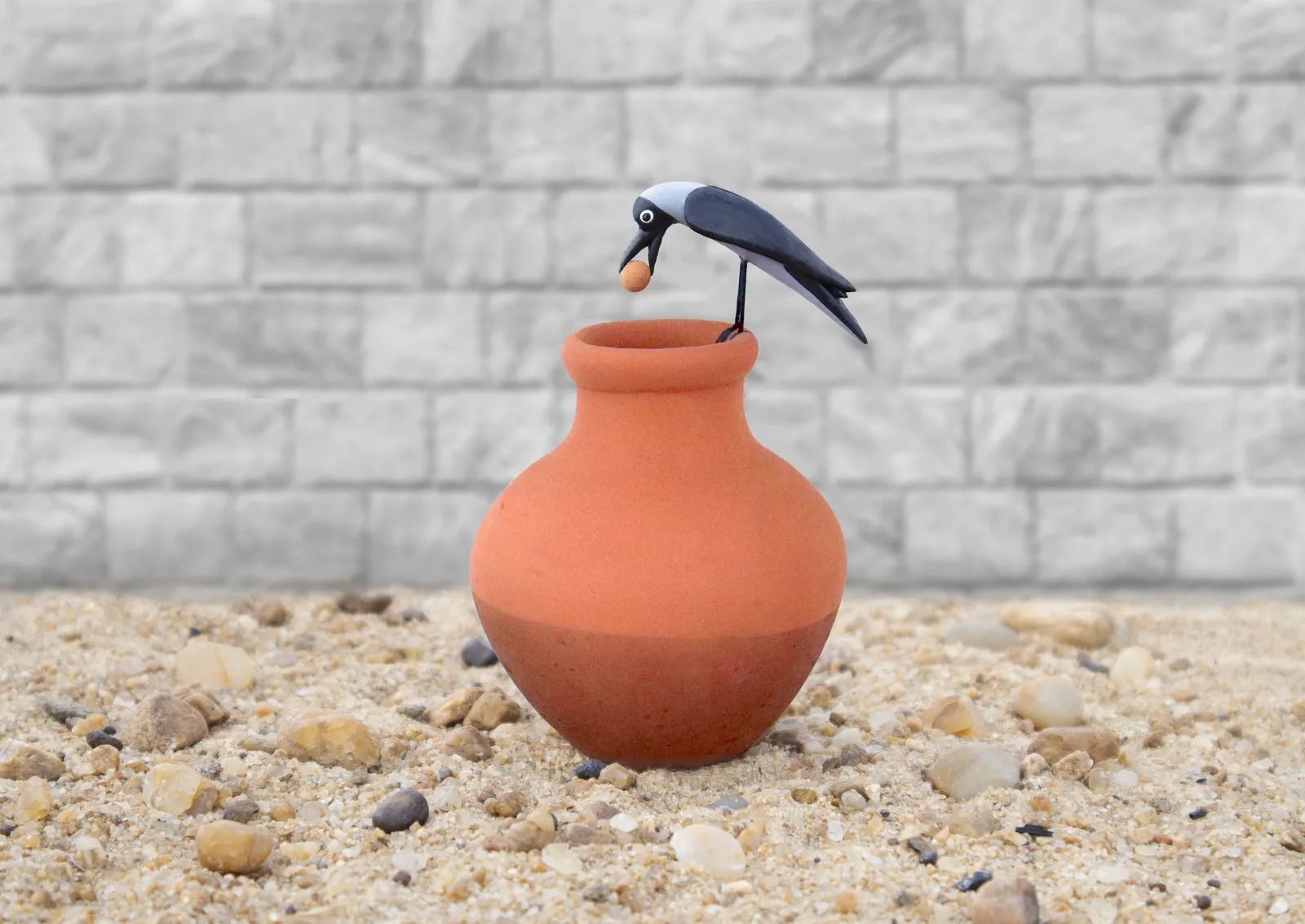 Thirsty Clever Crow |Handmade Terracotta Miniature Figurine | Clay Pot Story Showpiece