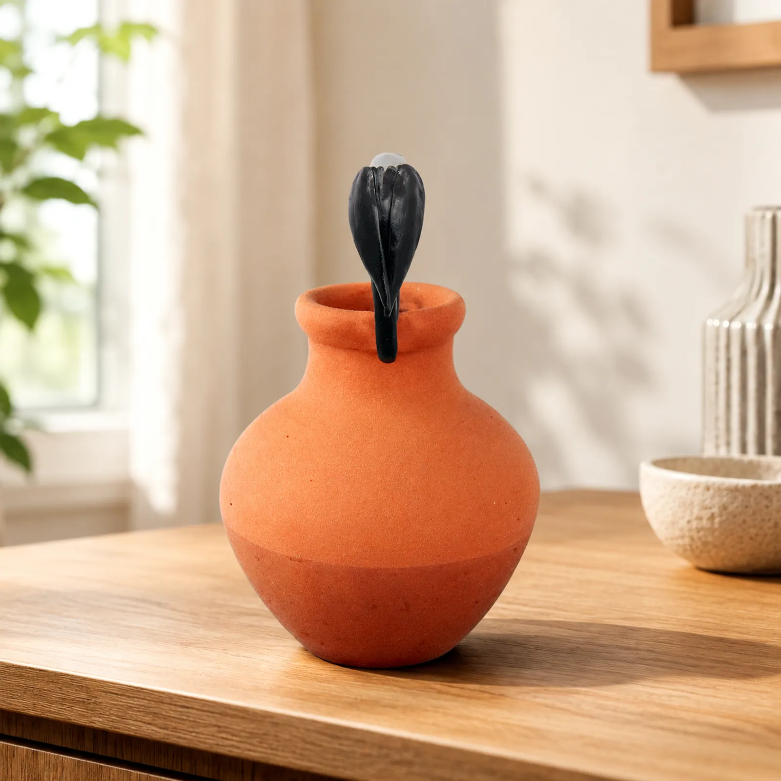 Thirsty Clever Crow |Handmade Terracotta Miniature Figurine | Clay Pot Story Showpiece