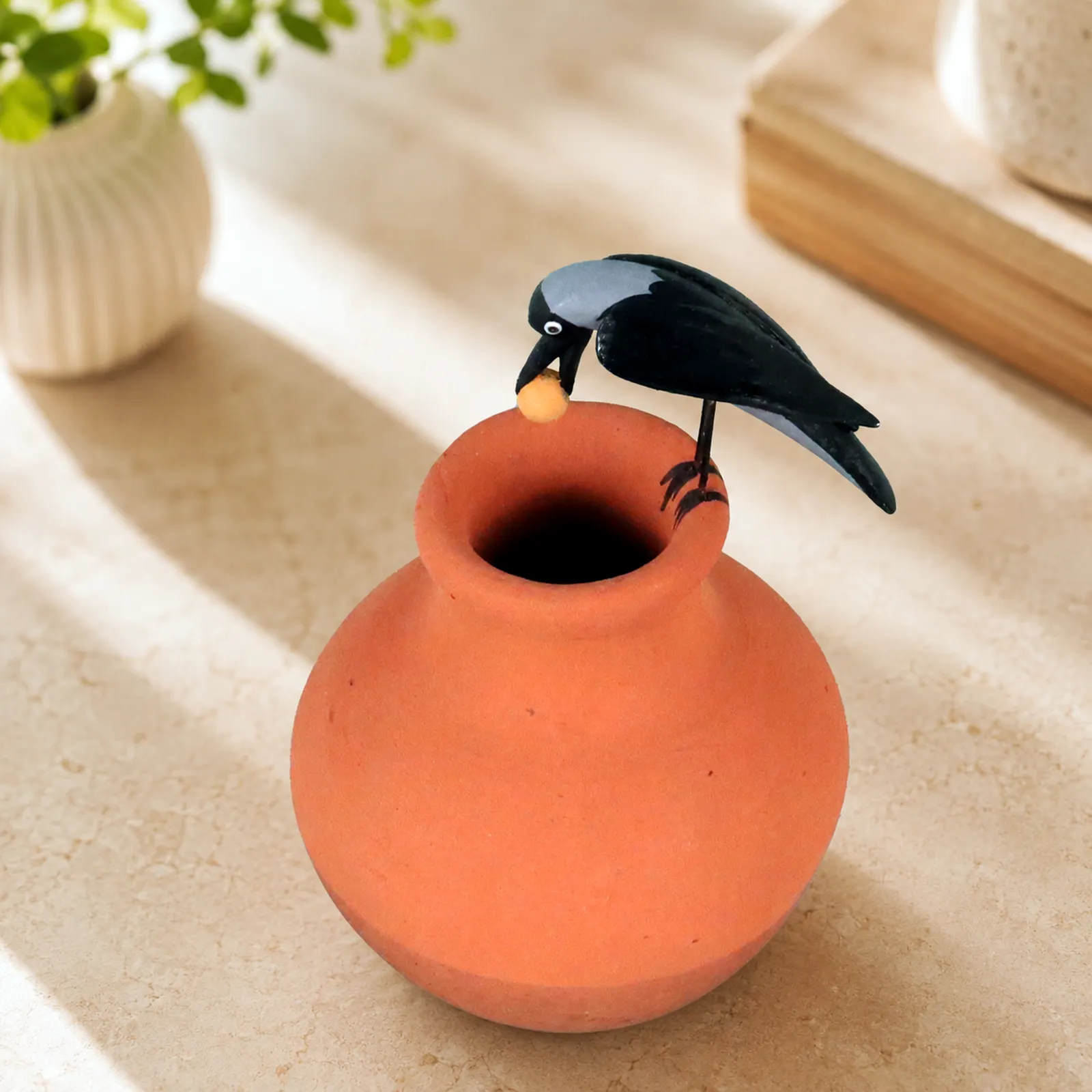 Thirsty Clever Crow |Handmade Terracotta Miniature Figurine | Clay Pot Story Showpiece
