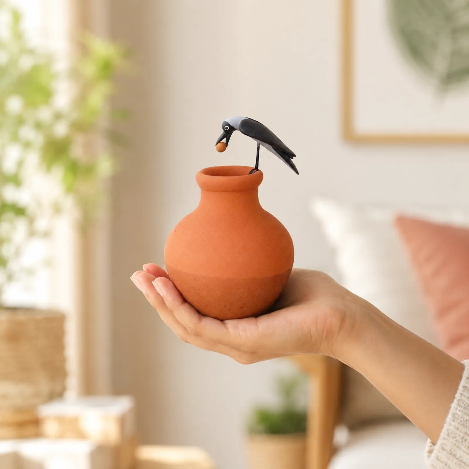 Thirsty Clever Crow |Handmade Terracotta Miniature Figurine | Clay Pot Story Showpiece