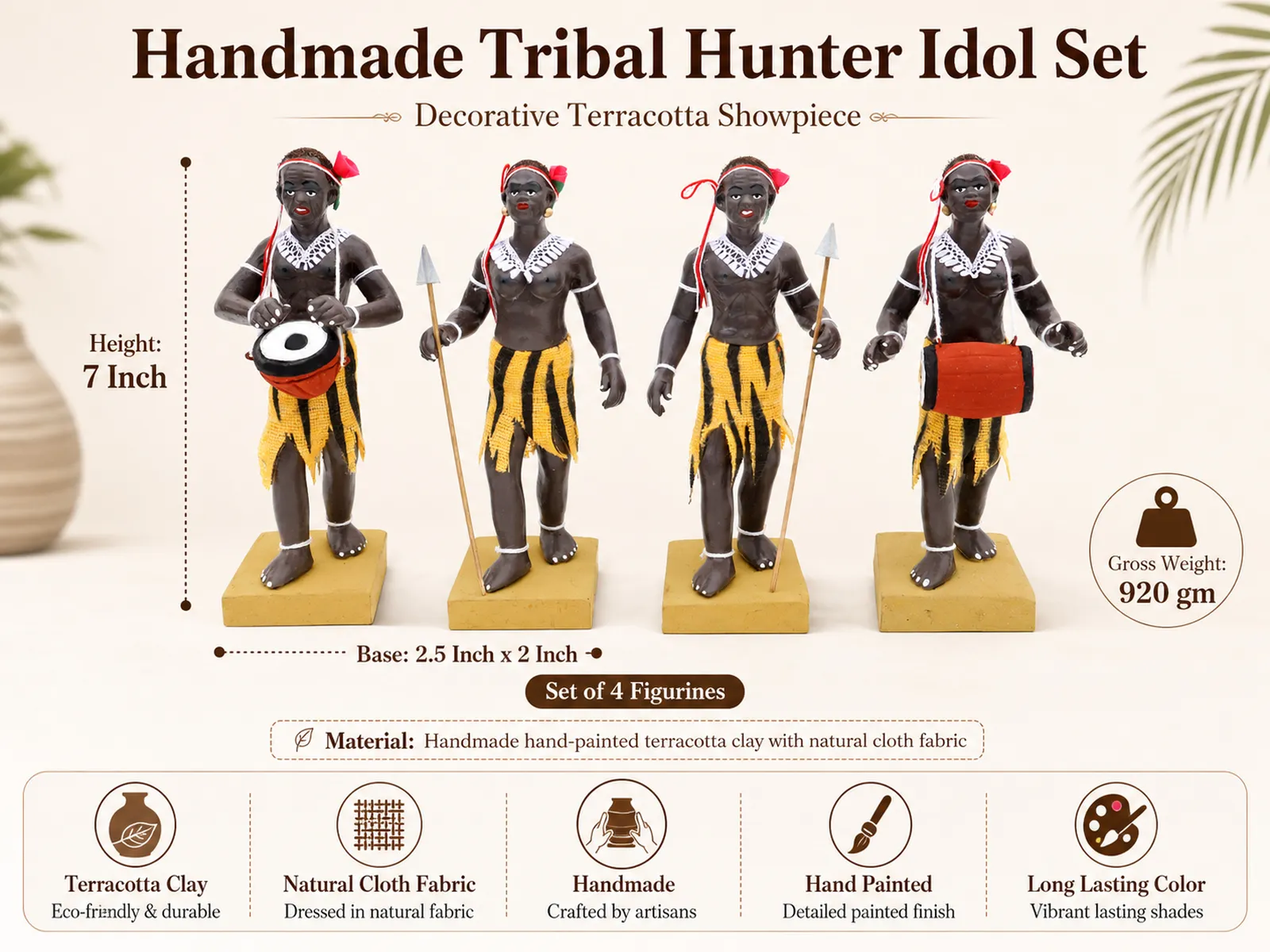Tribal Hunter Group - Set of 4 | Handmade Terracotta Clay Figurine | Standing Human Figure Idols