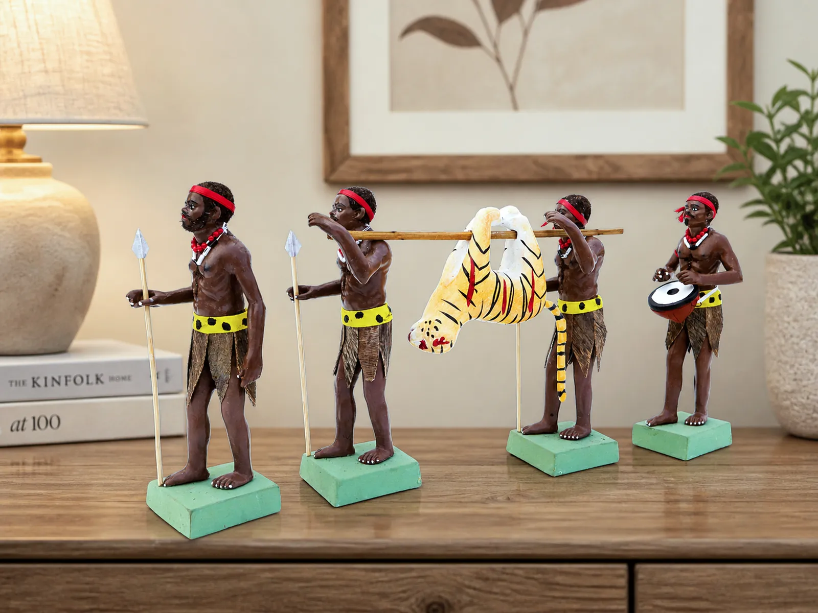 Tribal Tiger Hunter Group - Set of 5 | Handmade Terracotta Clay Figurine | Standing Human Figure Idols