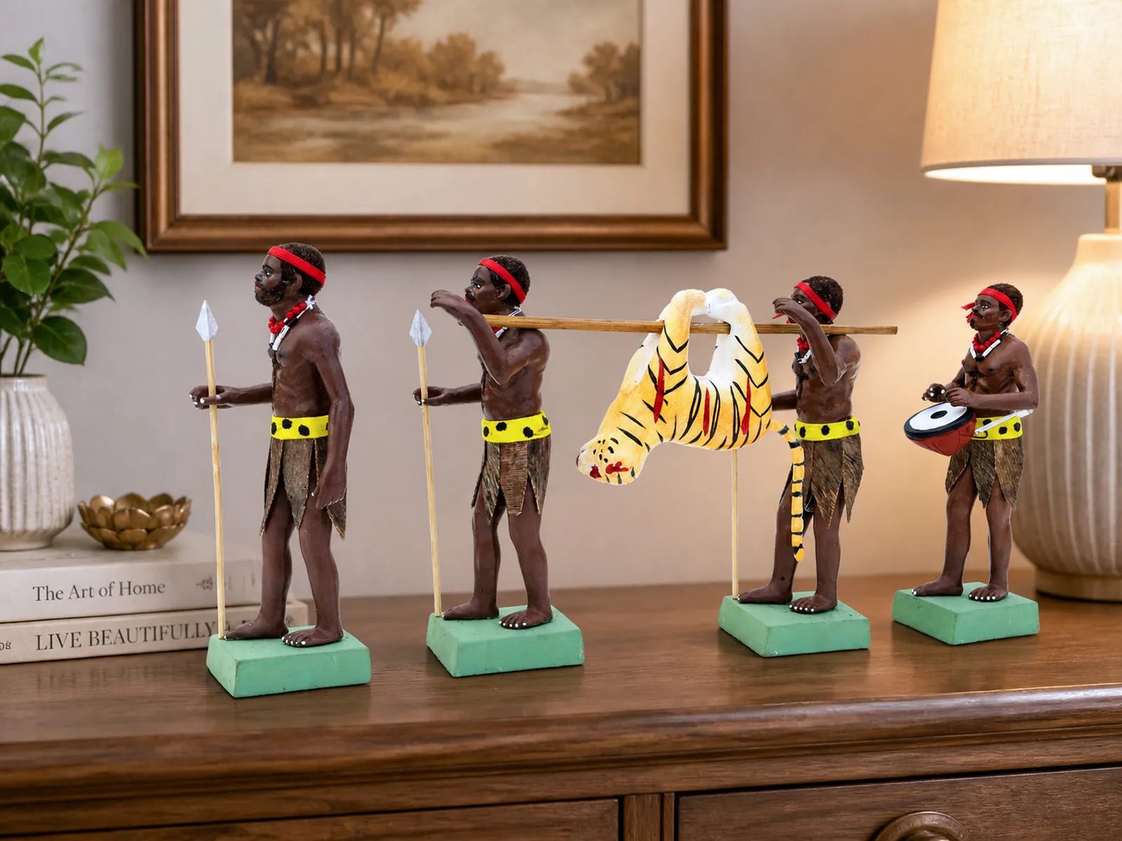 Tribal Tiger Hunter Group - Set of 5 | Handmade Terracotta Clay Figurine | Standing Human Figure Idols