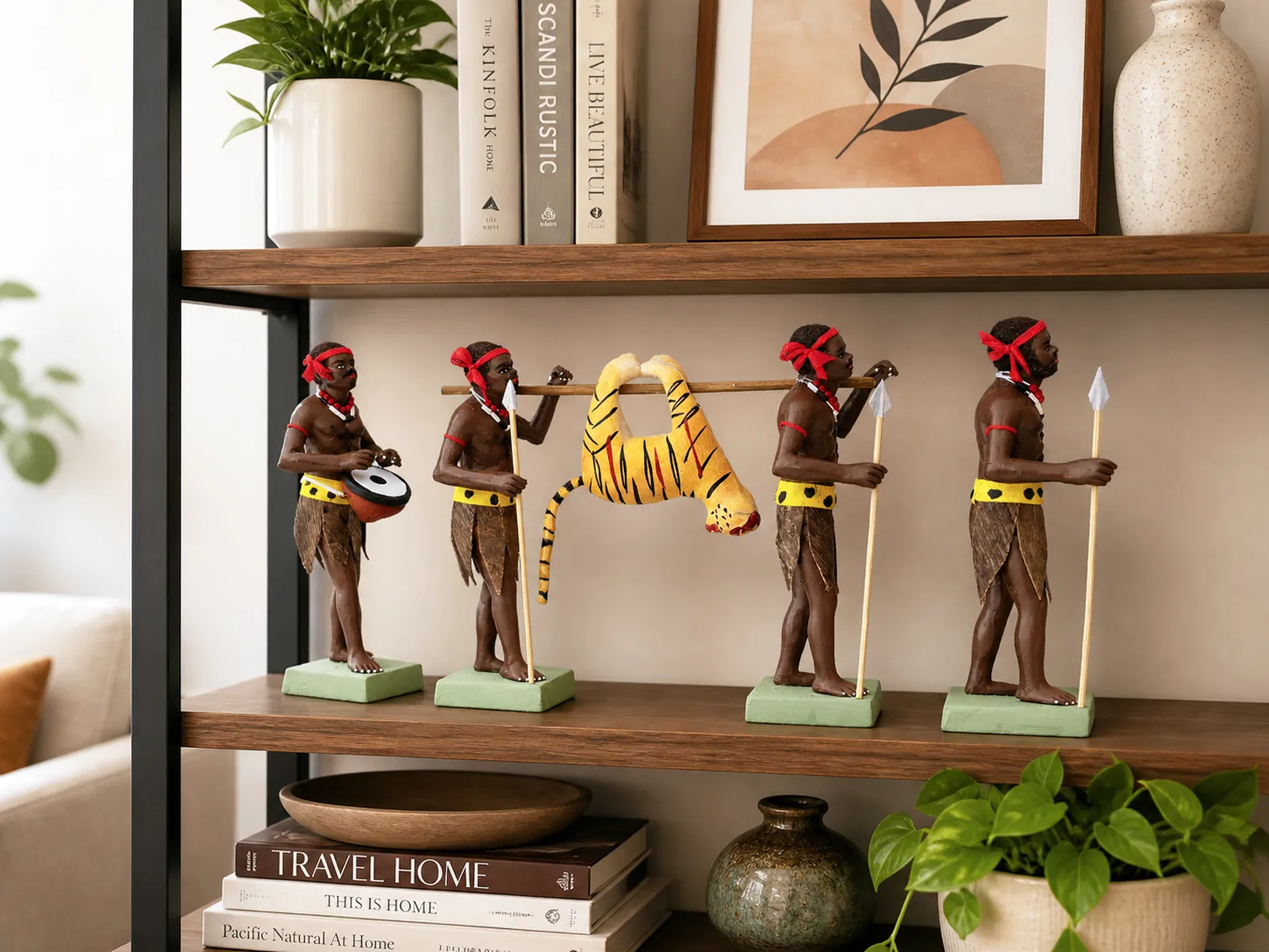 Tribal Tiger Hunter Group - Set of 5 | Handmade Terracotta Clay Figurine | Standing Human Figure Idols
