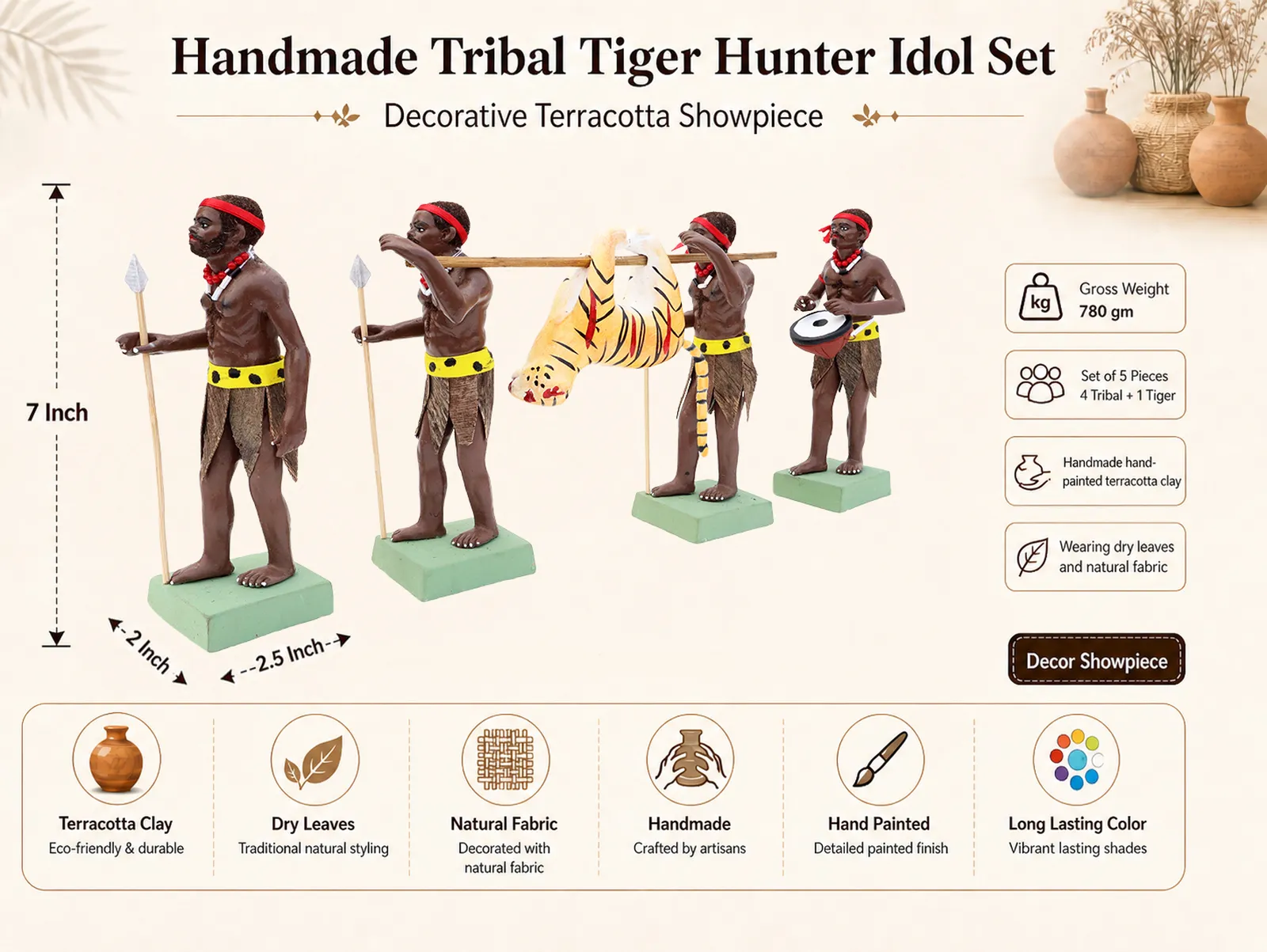 Tribal Tiger Hunter Group - Set of 5 | Handmade Terracotta Clay Figurine | Standing Human Figure Idols