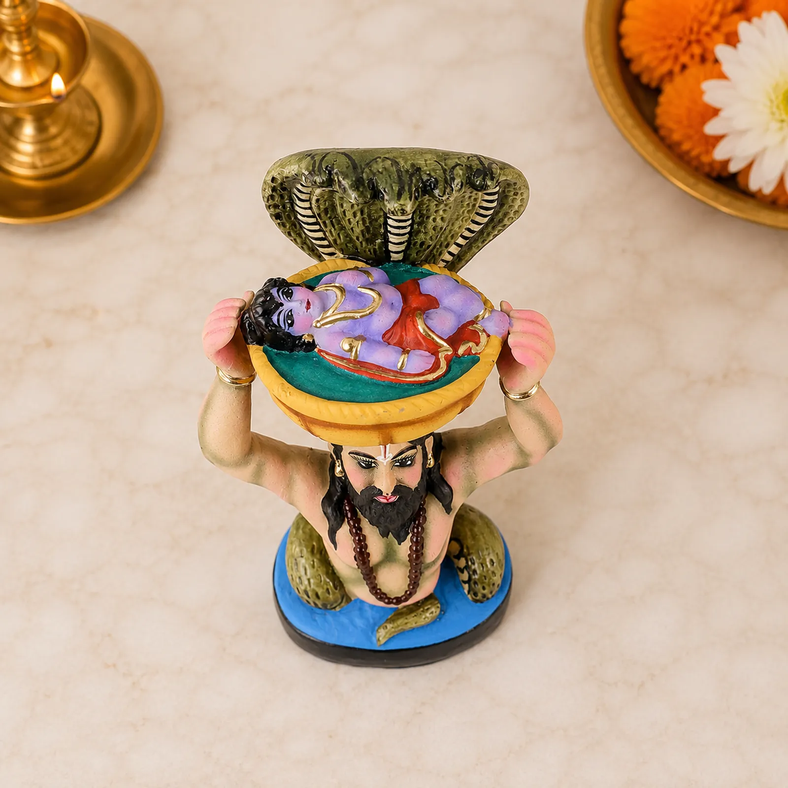 Vasudev & Krishna Crossing The Yamuna with Sheshnag - Clay Terracotta Idol | Spiritual and Cultural Art