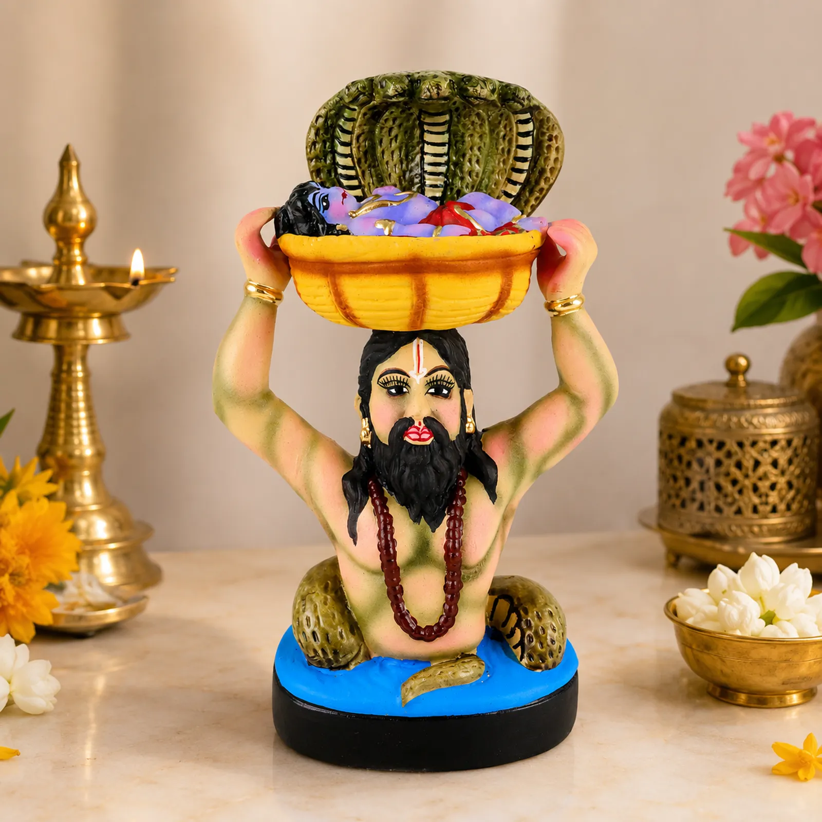 Vasudev & Krishna Crossing The Yamuna with Sheshnag - Clay Terracotta Idol | Spiritual and Cultural Art