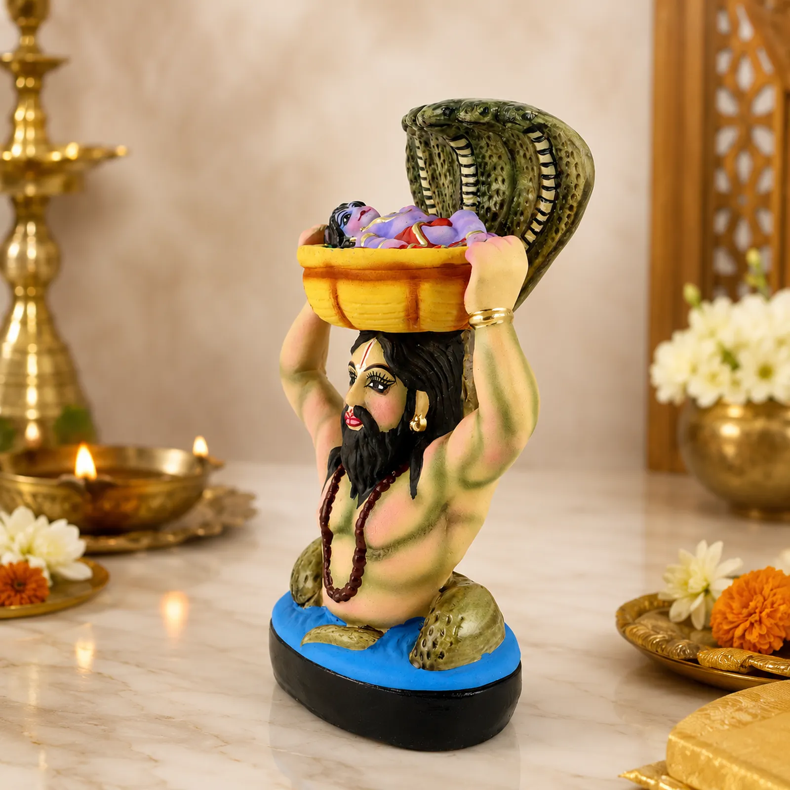 Vasudev & Krishna Crossing The Yamuna with Sheshnag - Clay Terracotta Idol | Spiritual and Cultural Art
