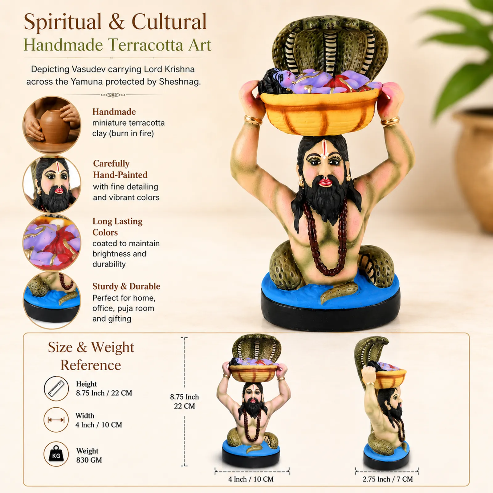Vasudev & Krishna Crossing The Yamuna with Sheshnag - Clay Terracotta Idol | Spiritual and Cultural Art