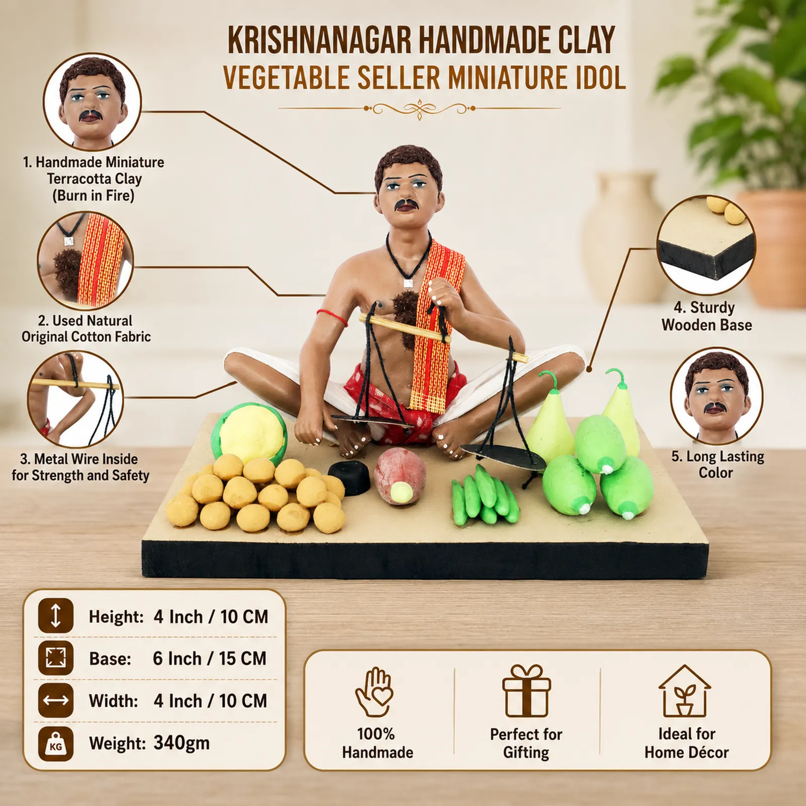 Vegetable Seller - Handmade Terracotta Clay Figurine | Standard Sitting Human Figure Idol
